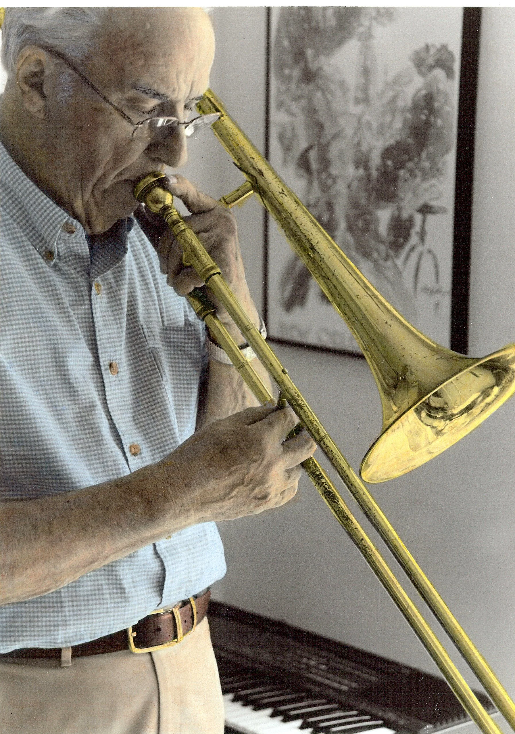 Hand-Painted- "Dudley's Practice Session" Man. Trombone. Piano. Oils