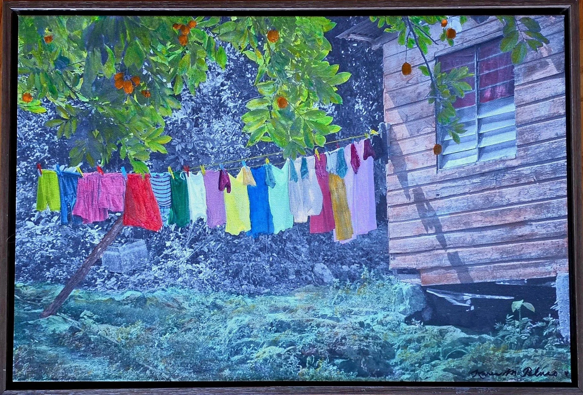 Hand-Painted- "Under the Ackee Tree"  Fruit. Branches. Laundry. Colors. Wood. Building. Shrubs. Jamaica. Acrylics