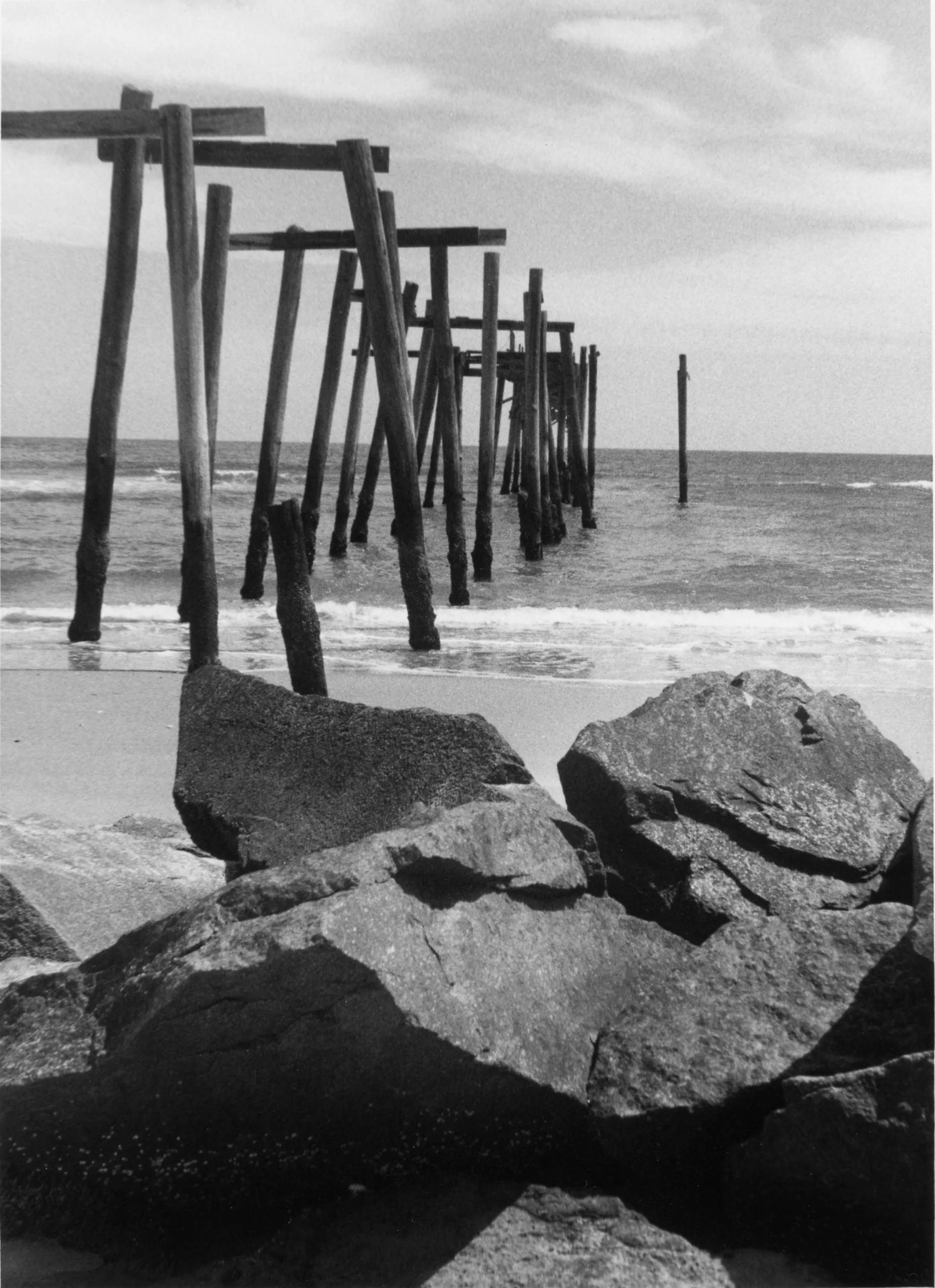 Classic B&W: "Skeleton, 59th Street Pier"  Wood. Pilings. Rocks. Ocean. Beach. Ocean City, NJ. 