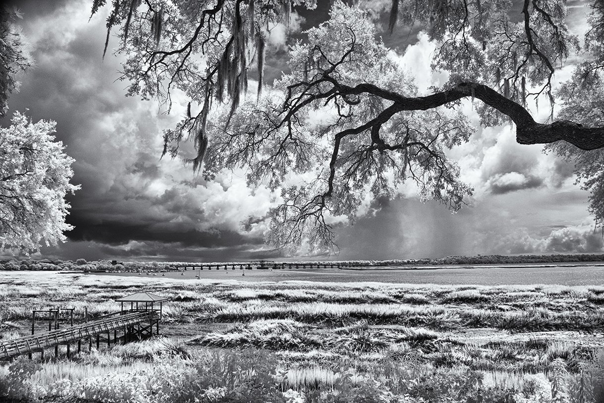 Infrared- "Daybreak Over the Beaufort River" Trees. Pier. Marsh. Grasses. Intracoastal Waterway.Beaufort, SC