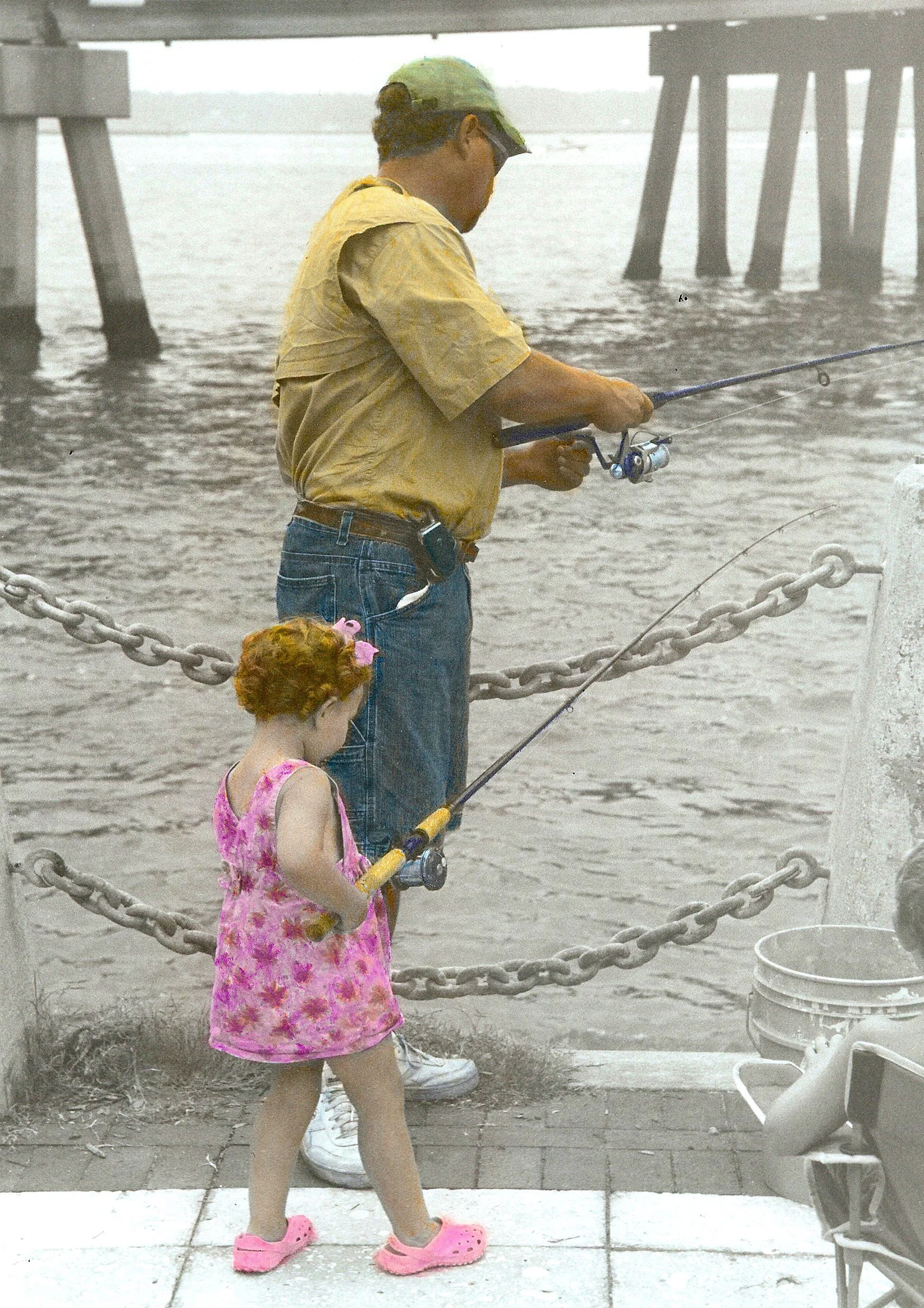 Hand-Painted-"Daddy's Girl" Father. Daughter. Curls. Hair. Fishing. Pier. Water. Beaufort SC, Oils