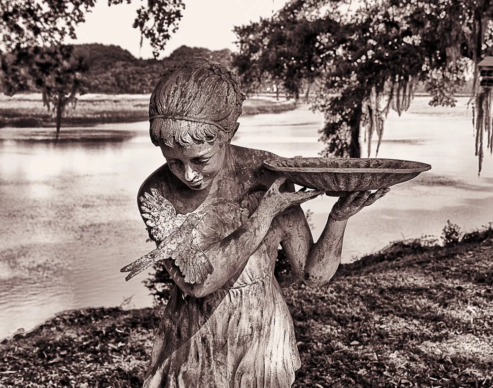 Classic B&W: "The Bird Whisperer" Sepia, Woman. Bird. Bowl. Water. River. Statuary. Garden. Beaufort SC