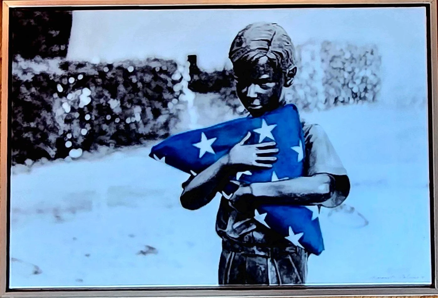 Hand-Painted-"The Parting" Statue. Boy. Flag. Folded. Stars. Blue. Cornell Art Museum, Delray Beach FL, Acrylics
