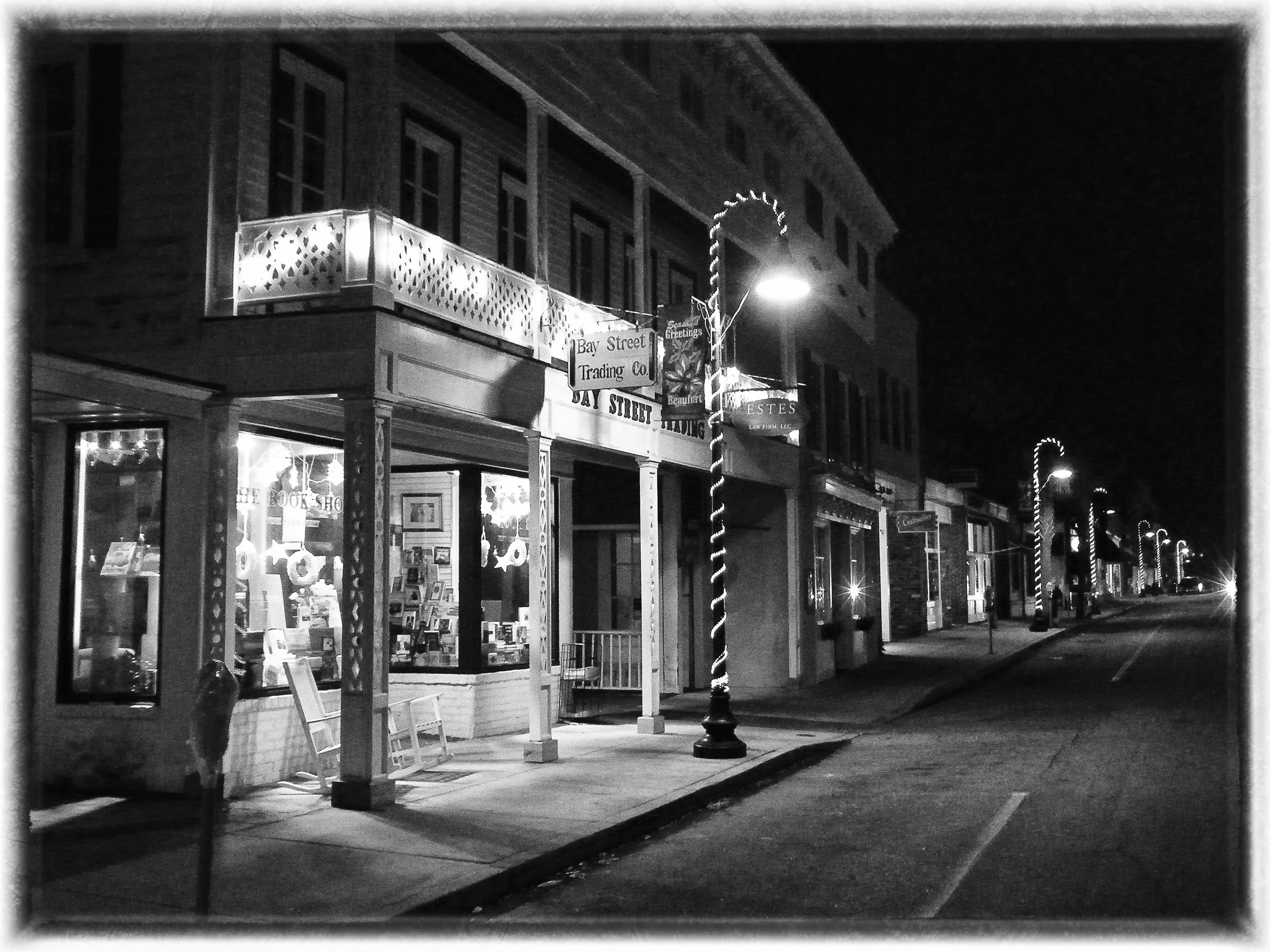 Classic B&W: Bay Street Christmas Night" Storefronts. Street. Shops. Light Post. Candy Cane Decor. Beaufort SC