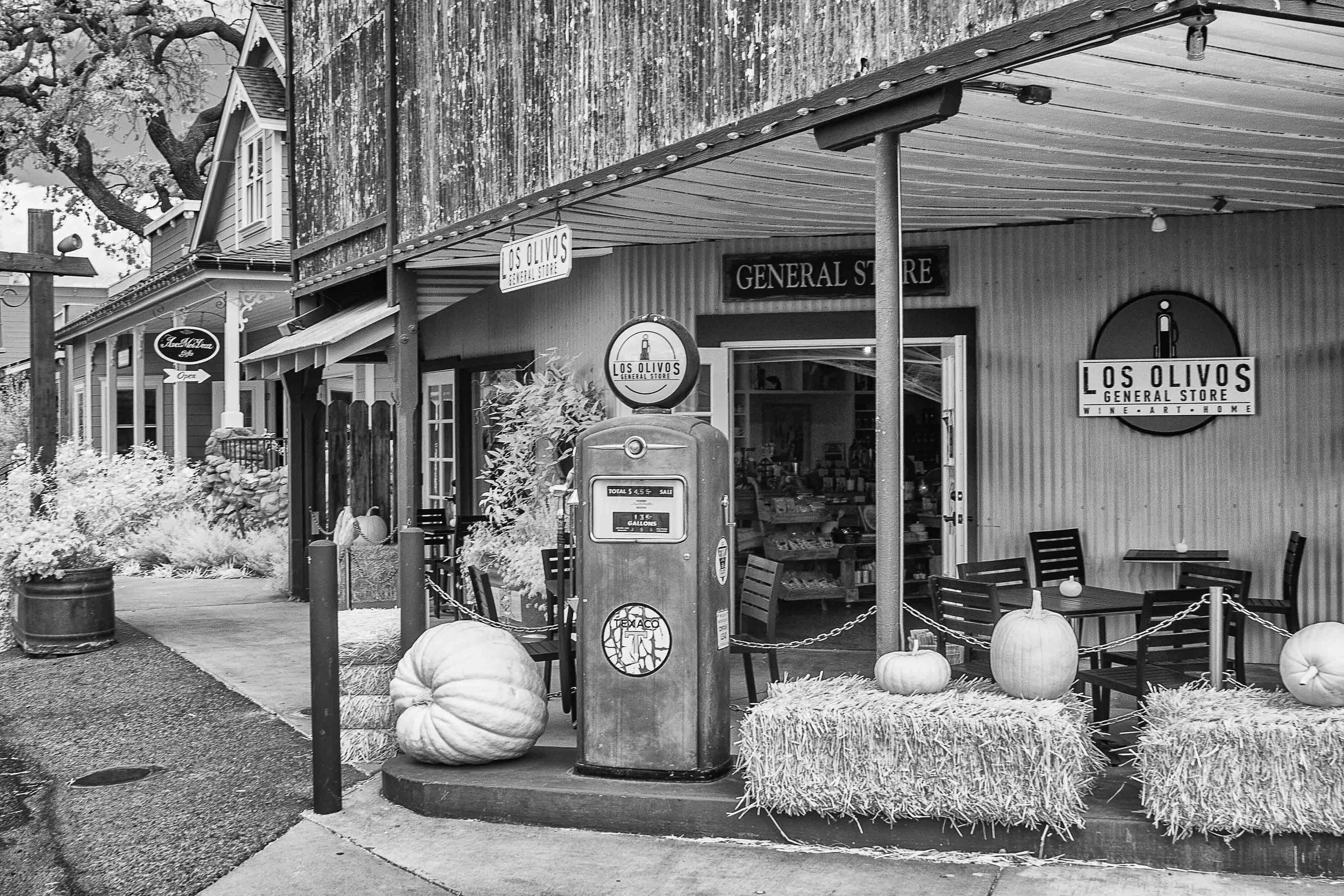 Infrared- "General Store, Los Olivos" Gas. Pump. Pumpkins. Hay Bales. Sign. Shrubs. Santa Barbara Wine Country, CA