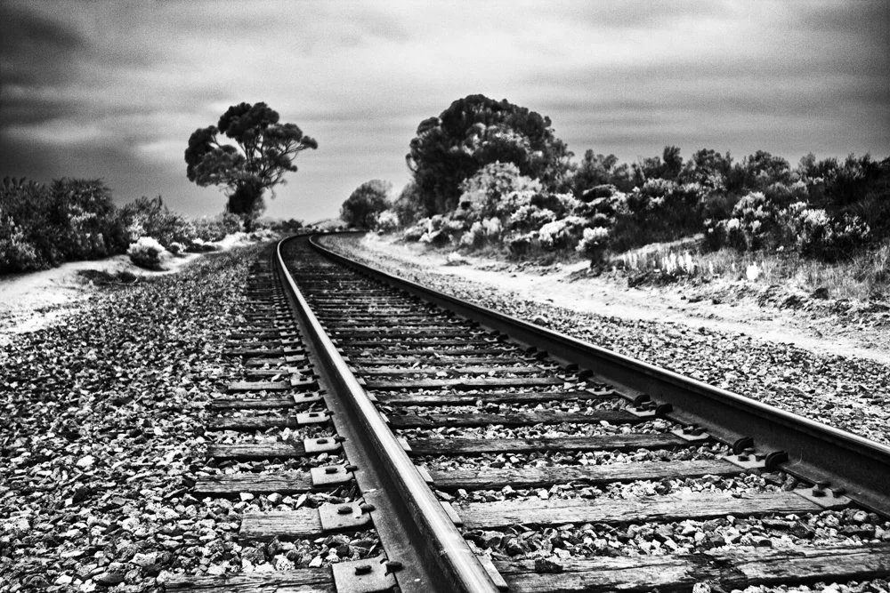 Infrared- "Coast Line, Carpinteria, CA" Railroad Lines. Trees. Infinity. Perspective.