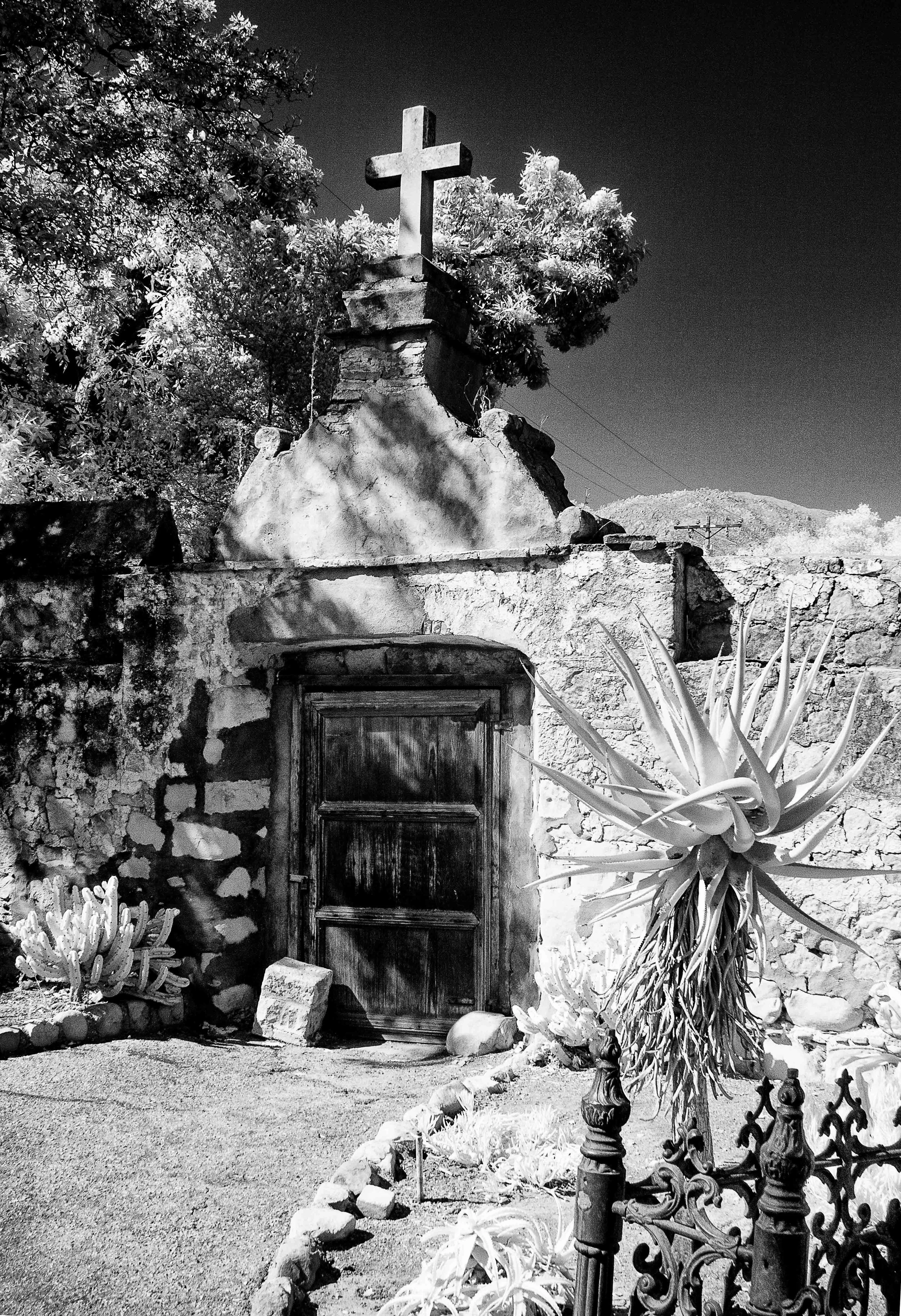 Infrared- "Old Mission Santa Barbara, CA" Door. Cross. Path. Cactus. Plants.
