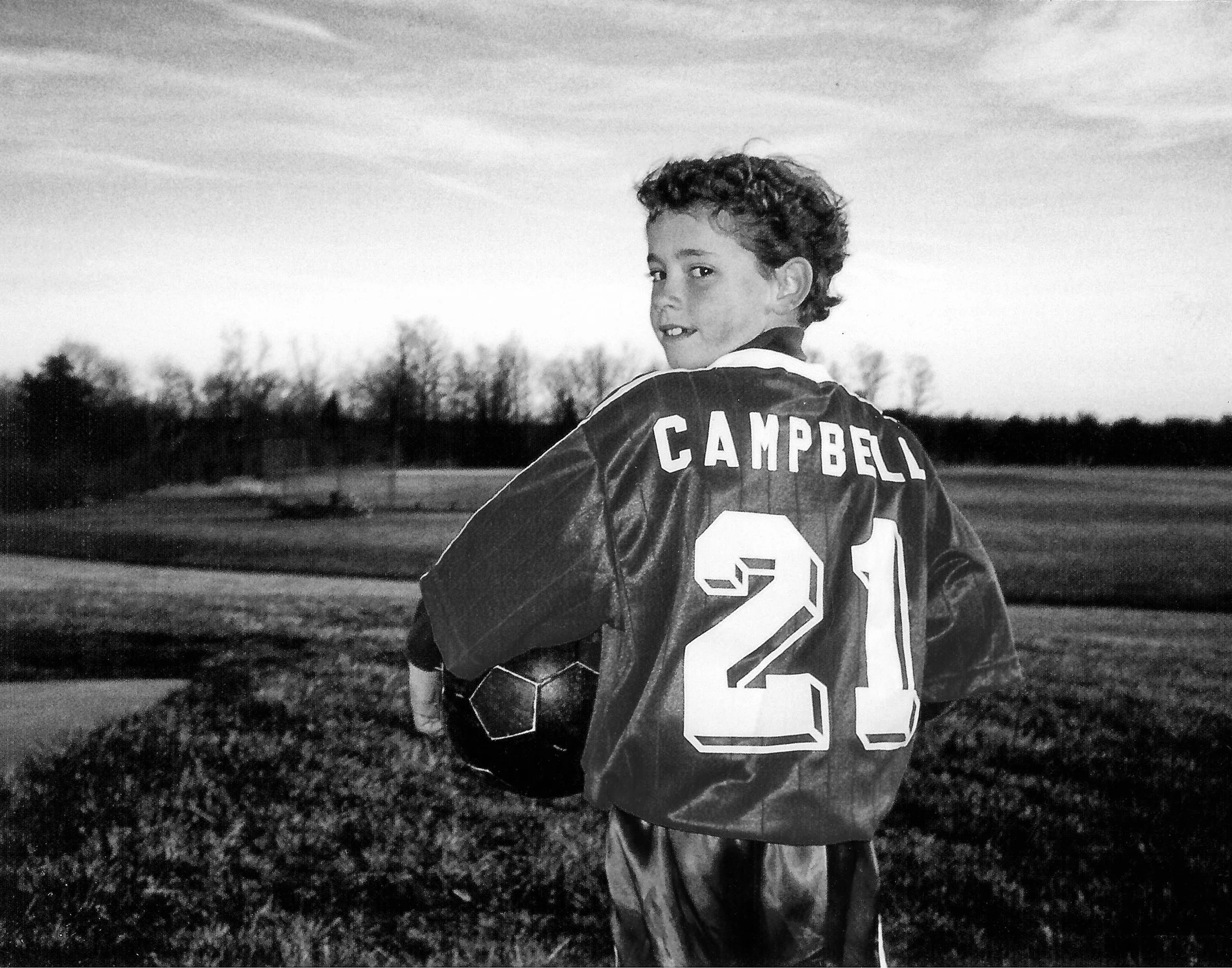 Classic B&W: "Portrait of My Grandson" Boy. Jersey. Number. 21.  Sports. Soccer. Field. NJ