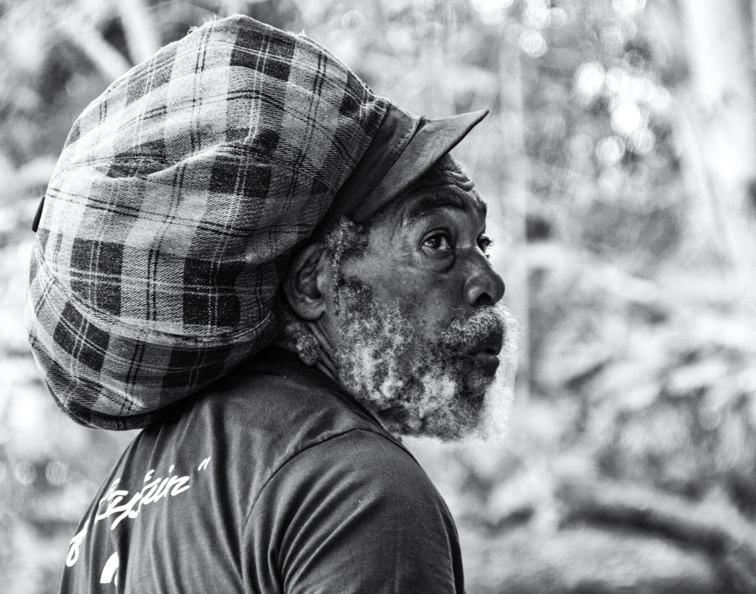 Classic B&W: "Raft Captain Ray" Portrait. Hat. Plaid. Beard. Rastafarian. River. Jamaica