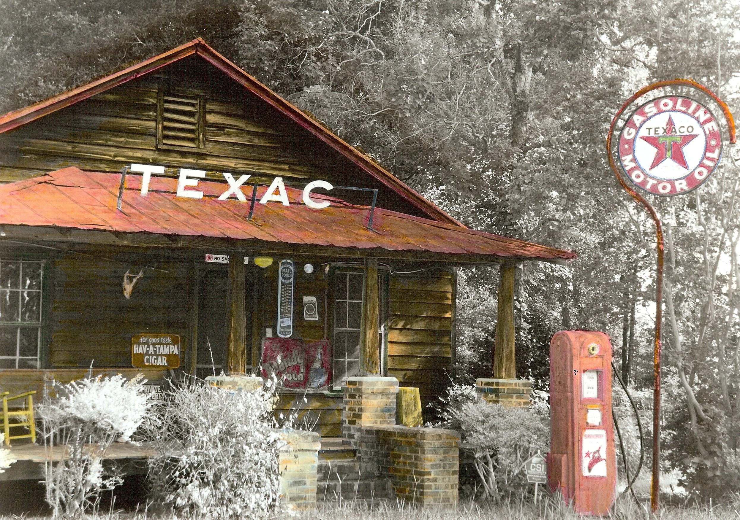 Hand-Painted-"Oh No, No 'O'"-Antique. Gas. Pump. Building. Sign. Red. Oils