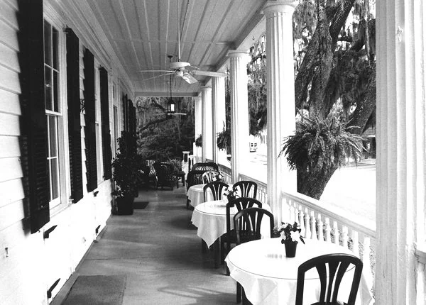 Classic B&W: "Porch at Rhett House Inn" Dining Tables. Chairs. Shutters, Ceiling Fan, Beaufort, SC