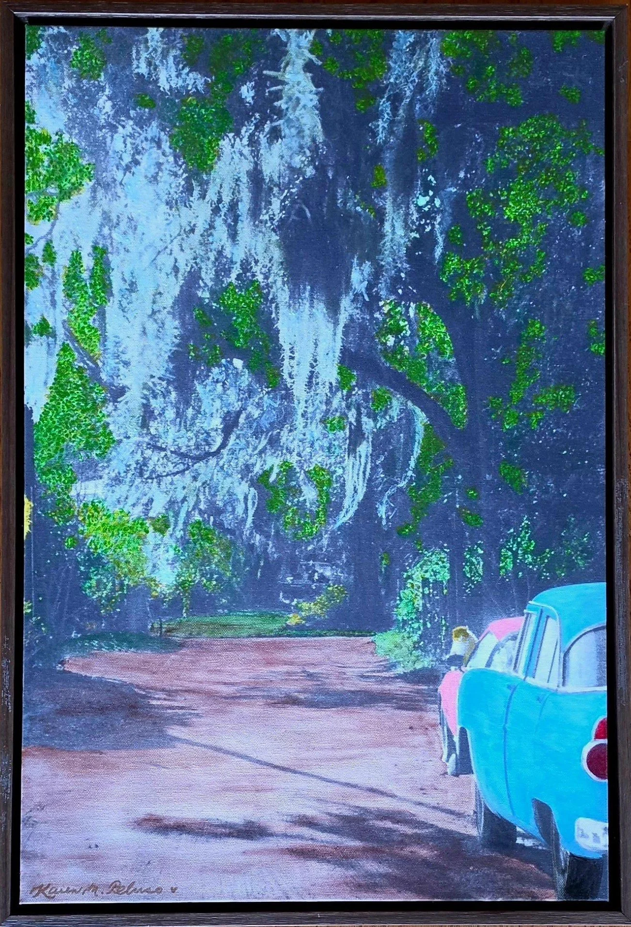 Hand-Painted- "McClellanville Nostalgia" Classic Cars. Cat. Dirt. Road. Trees. Spanish Moss. Acrylics