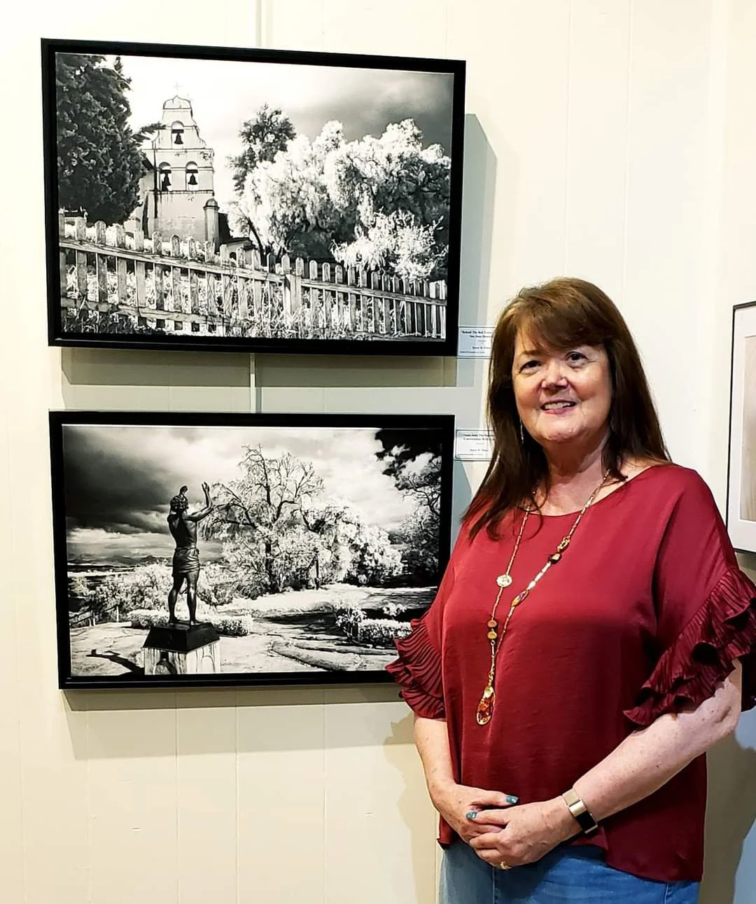 Karen M. Peluso with two new infrared photographs at the Beaufort Art Association Gallery Annual Spring Show. 2018. "Behold the Bell Tower" and "Talking to God, Mission San Juan Bautista, CA.