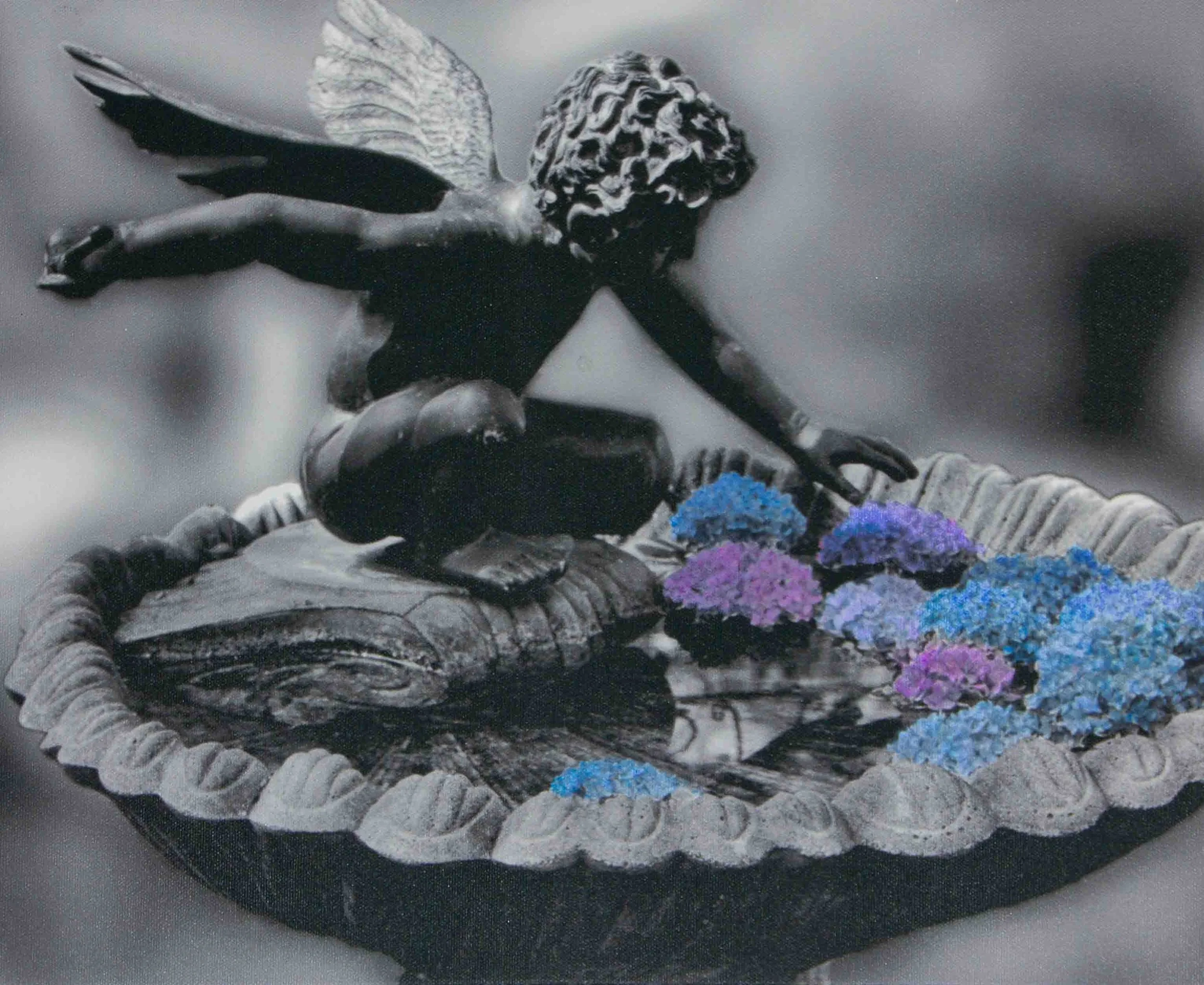 Hand-Painted-"Lord of the Fleurs" Garden. Cherub. Wings. Statuary. Birdbath. Hydrangeas. Blossoms. Blue.  Beaufort, SC, Acrylics