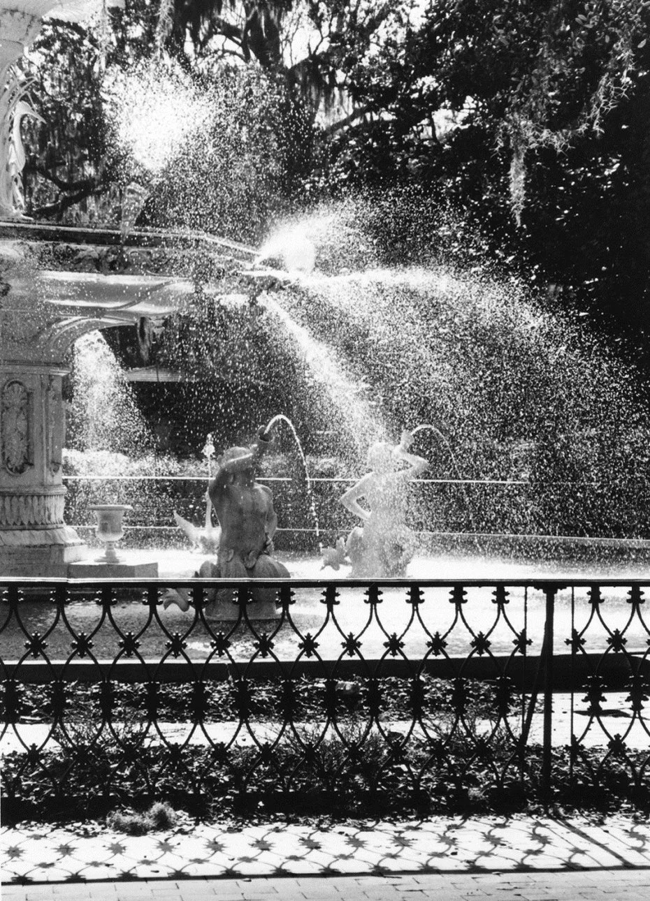 Classic B&W: Forsyth Fountain, Savannah" Wrought Iron. Fence. Water. Sunlight. Harsh Shadows. GA