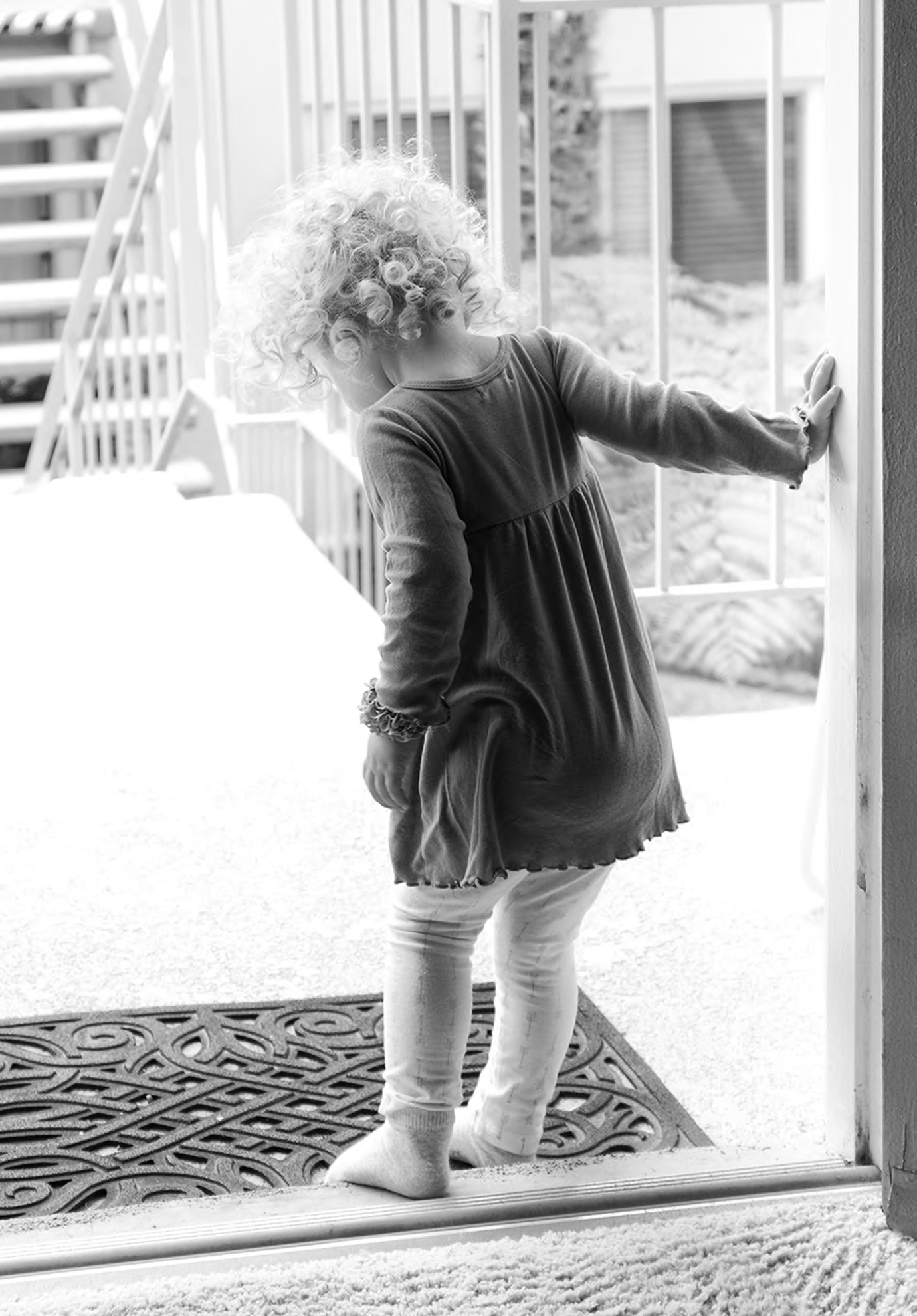 Classic B&W: "Sweet Caroline" Curls. Blonde. Hair.  Baby. Girl. Toddler. Doorway. Carpinteria, CA