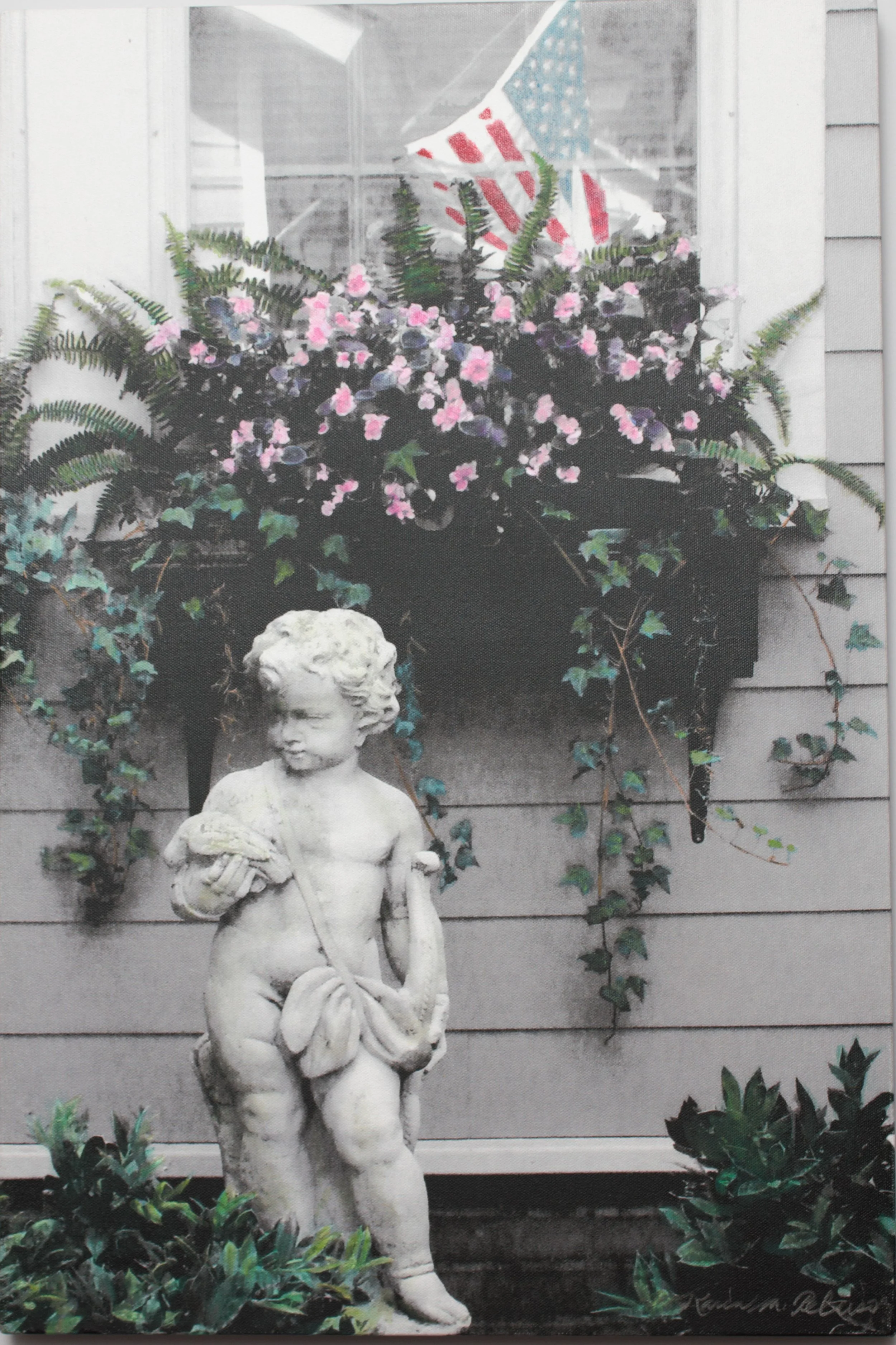 Hand-Painted- "Cherub in the Garden" Boy. Statuary. Impatiens. Flowers. Vines. Ivy. Window Box. Reflection. Flag. Beaufort, SC. Acrylics