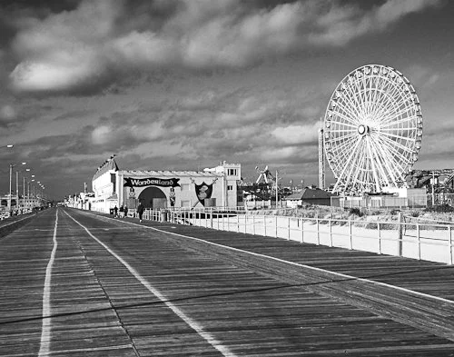 Infrared- "Boardwalk U.S.A." Ocean City NJ Ferris Wheel. Wonderland Pier. Lines. Wood. Rides. Building. Clouds.