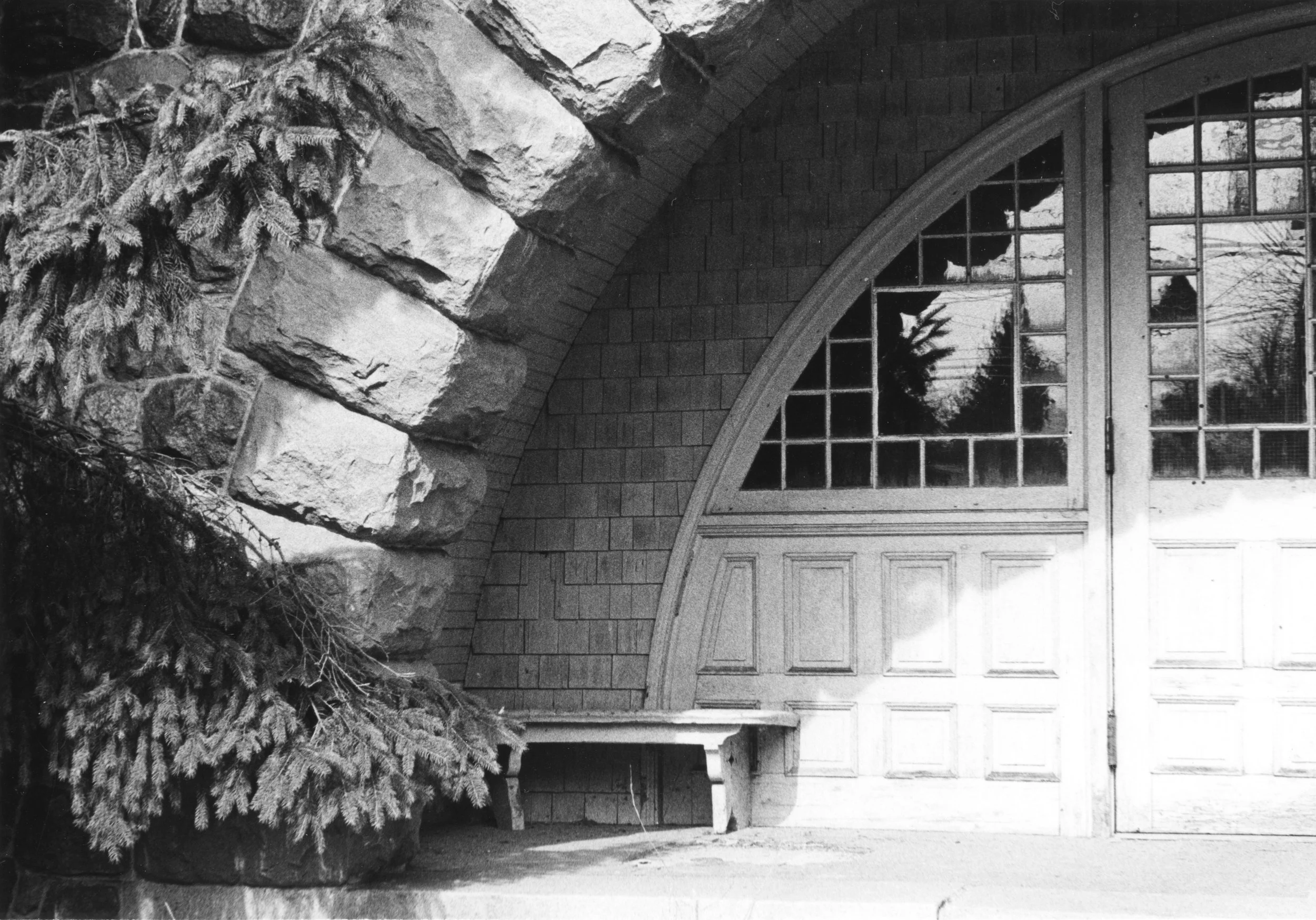 Classic B&W: "Abandoned in Mahwah" Georgian Architecture. Arched Door. Pine Tree. Branch. Bench. Stones. Windowpanes. Bergen County, NJ