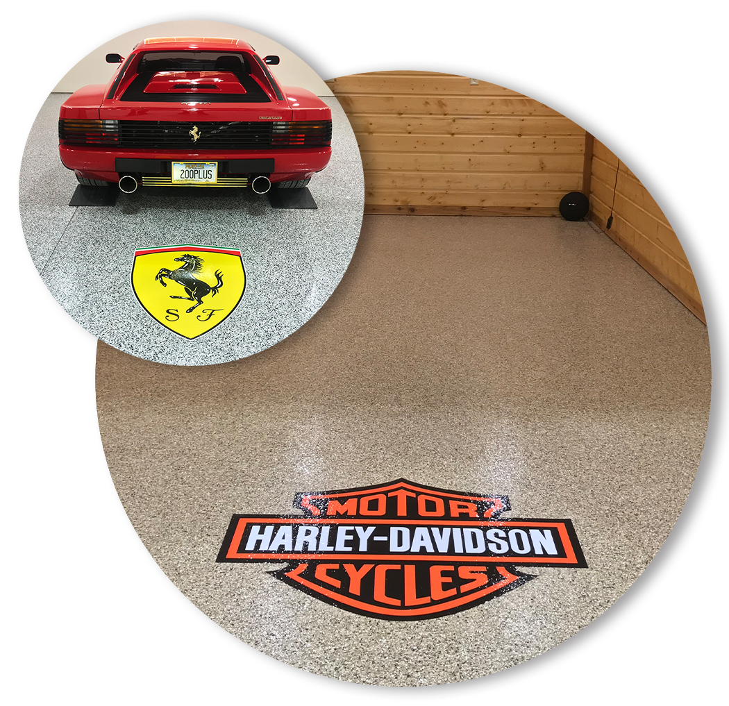 Red Ferrari sports car with license plate '200PLUS' displayed on a grey speckled floor with Ferrari logo. Empty room with wooden walls and Harley-Davidson logo on the floor.