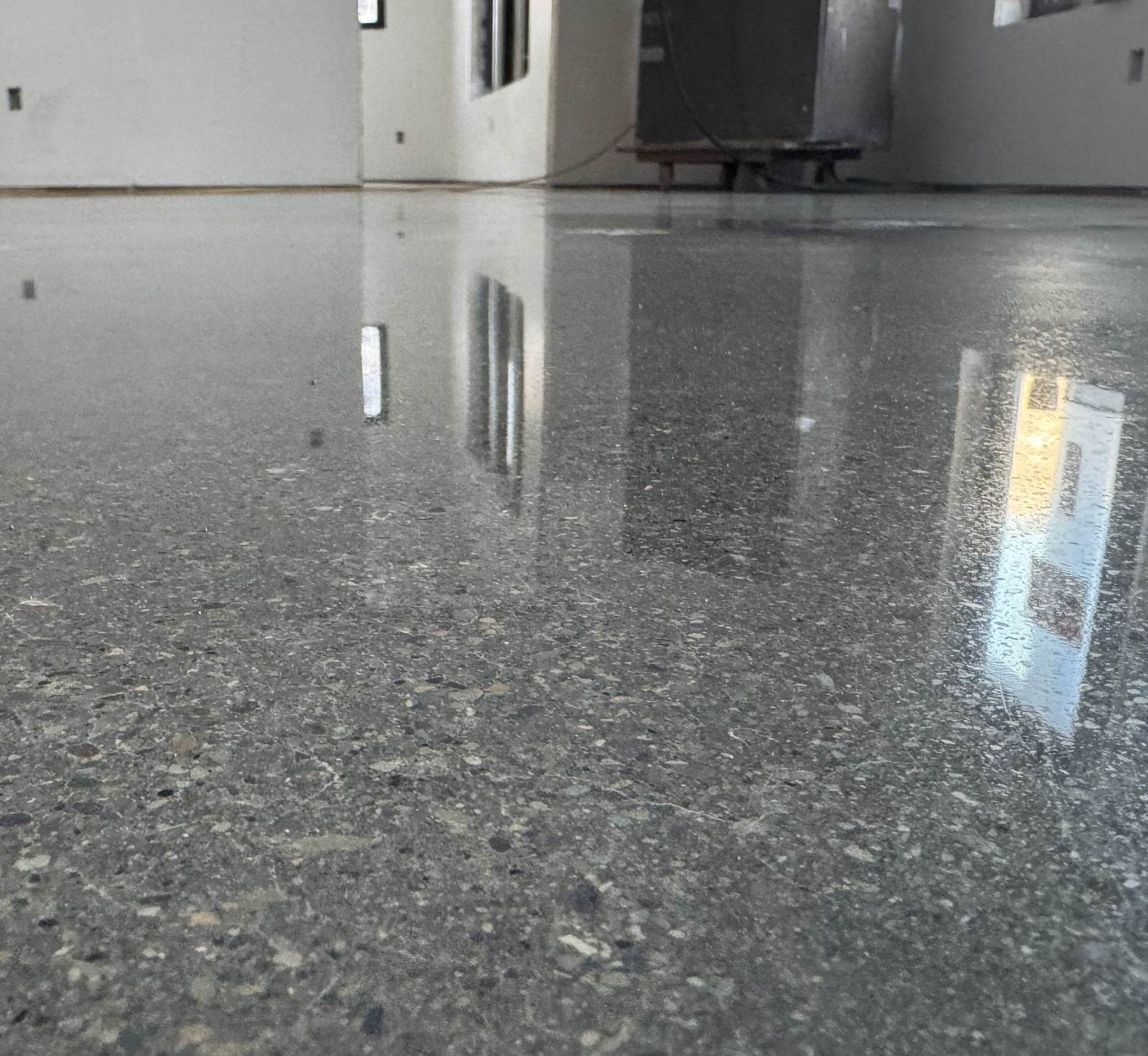 Reflected image of a room with windows and a door on a shiny, speckled granite floor.
