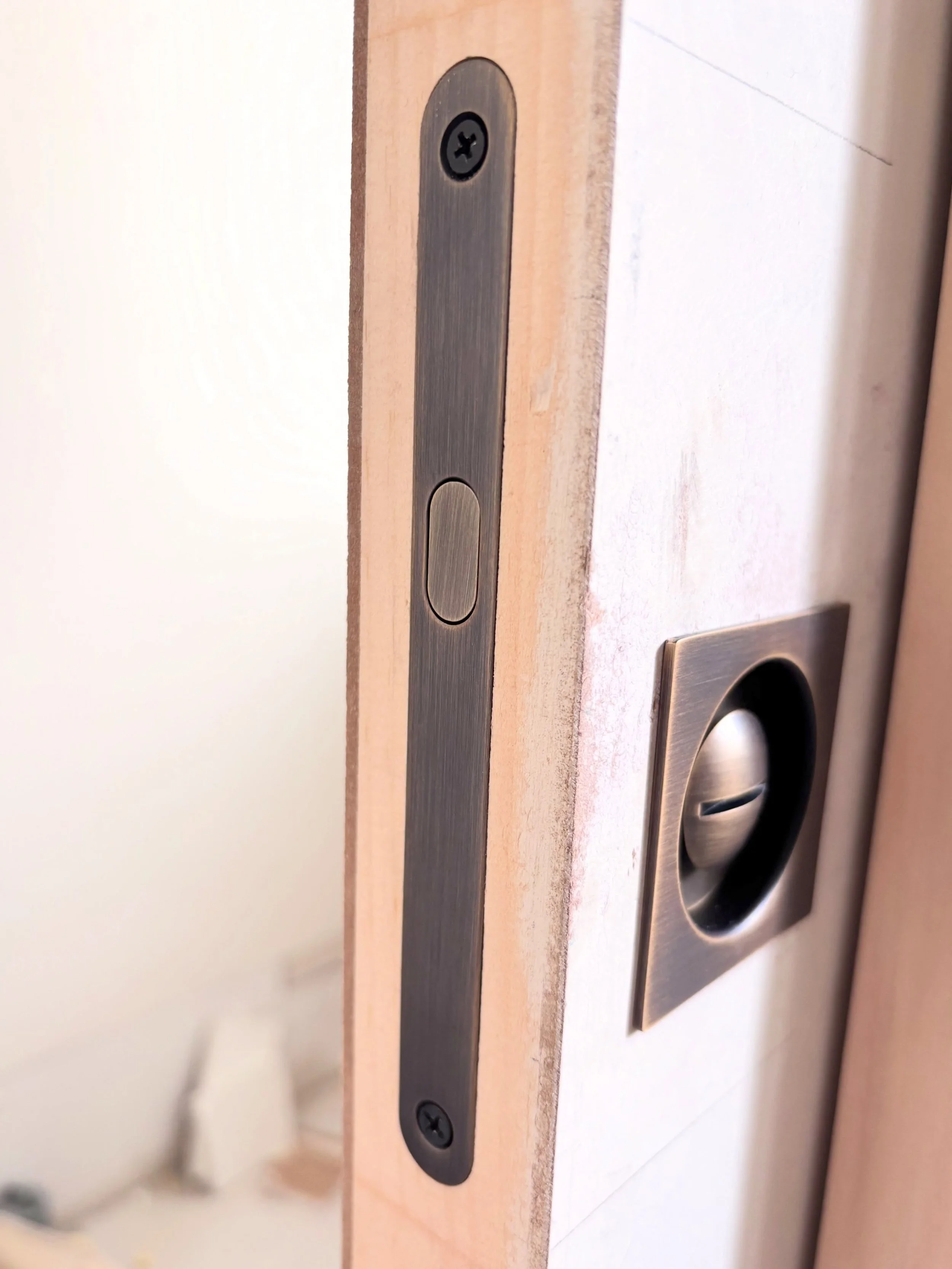 A few of the careful steps involved in the process of creating a seamless installation of this mortise lock set for a pocket door. 🔑🚪

On this project we had the opportunity to have everything ready to prep on-site prior to finishing, so when we co