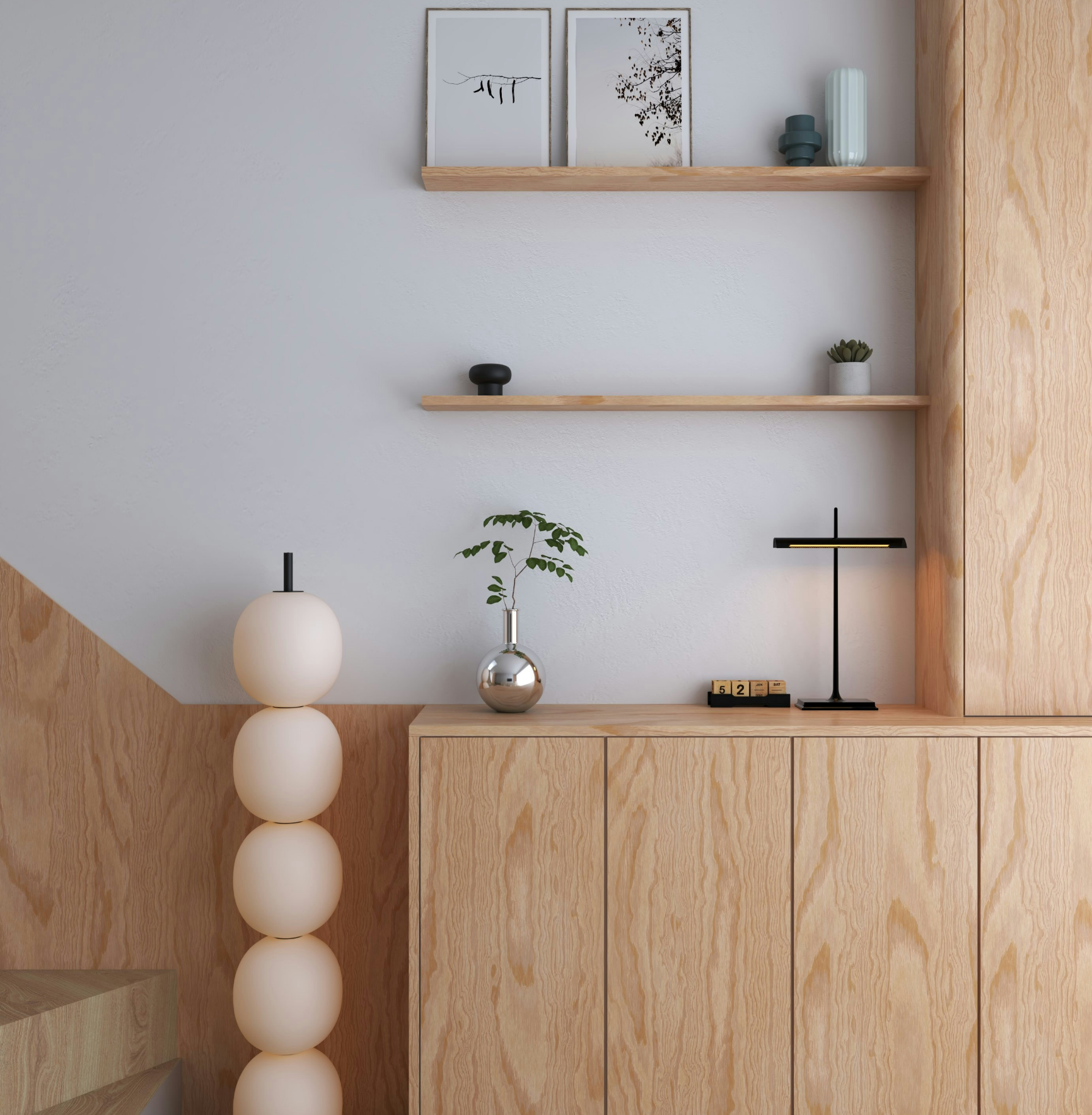 Custom plywood built-ins with open shelving, closed storage, and clean modern interior details.