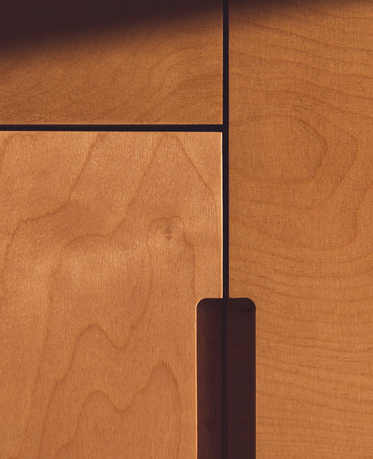 Close-up of warm wood cabinetry with integrated handle detail.