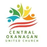 Logo of Central Okanagan United Church featuring abstract human figures in different colors above a stylized landscape.