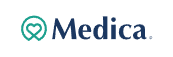 Medica logo with blue text and a heart-shaped emblem