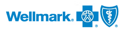 Wellmark logo featuring blue text, a cross with a wheel and ambulance symbol, and a caduceus symbol