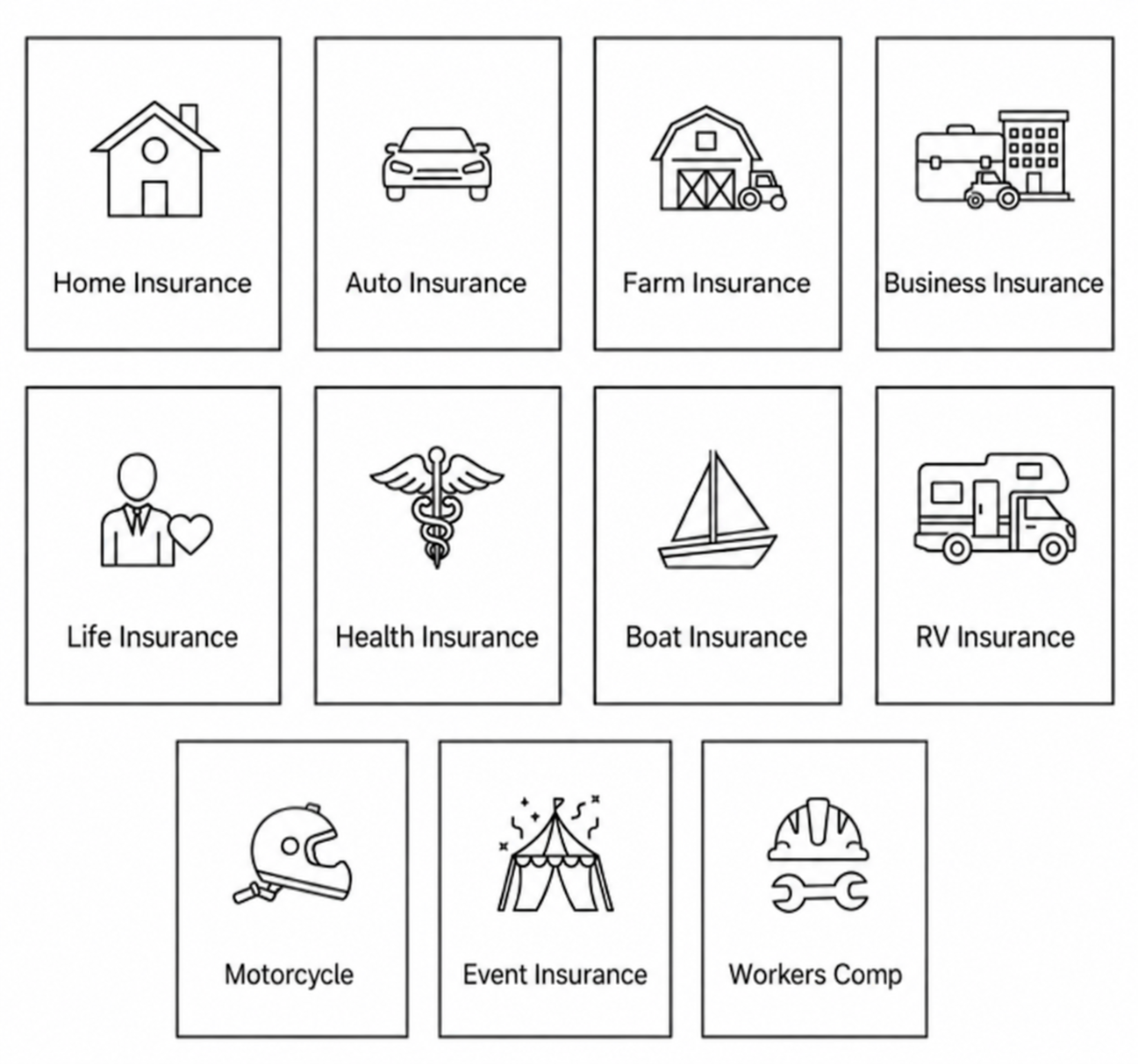 Grid of insurance icons with labels: Home, Auto, Farm, Business, Life, Health, Boat, RV, Motorcycle, Event, Workers Comp.