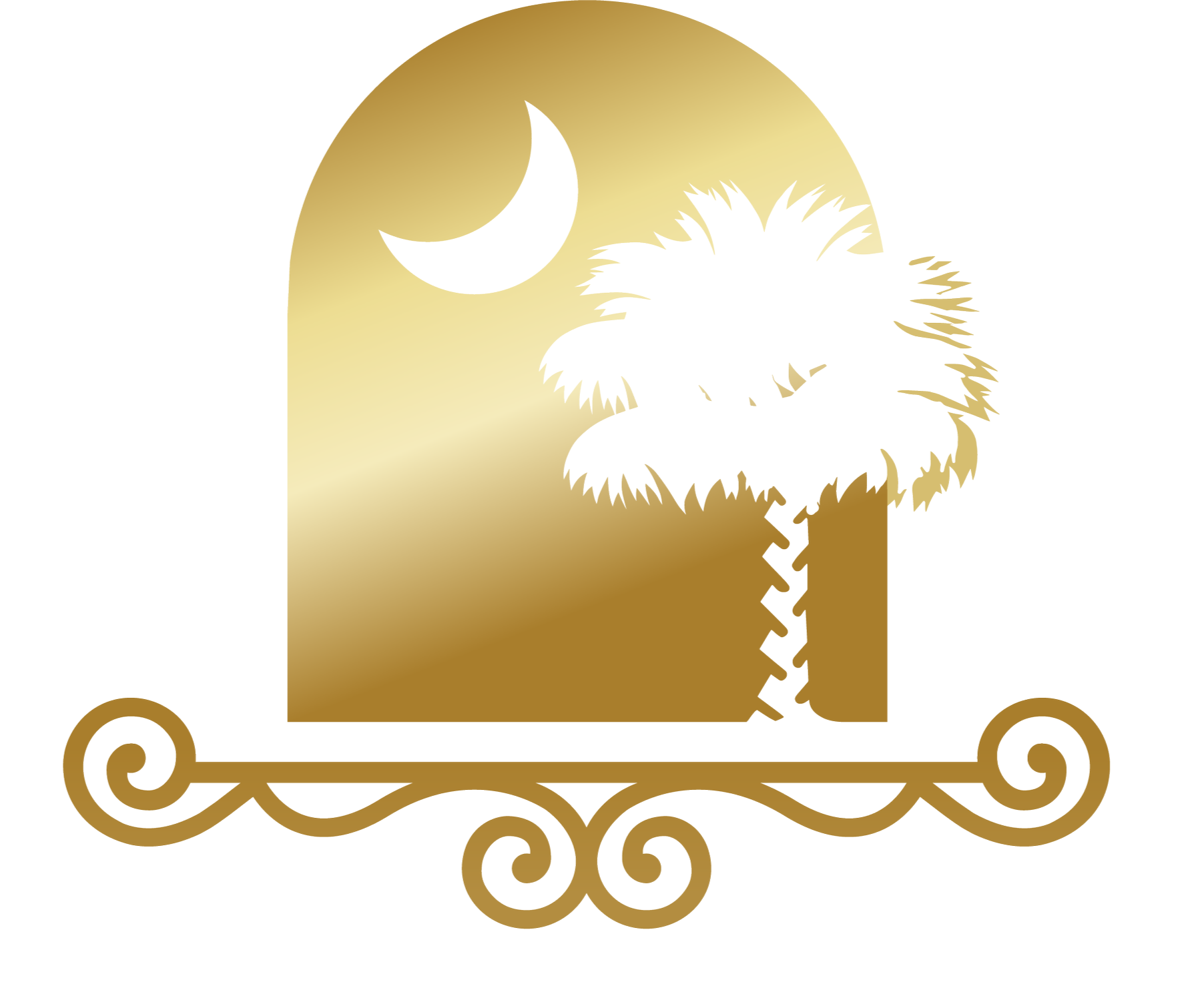 A stylized illustration of a baby carriage or pram with a sleeping moon and a sleeping child inside, in shades of gold and white.