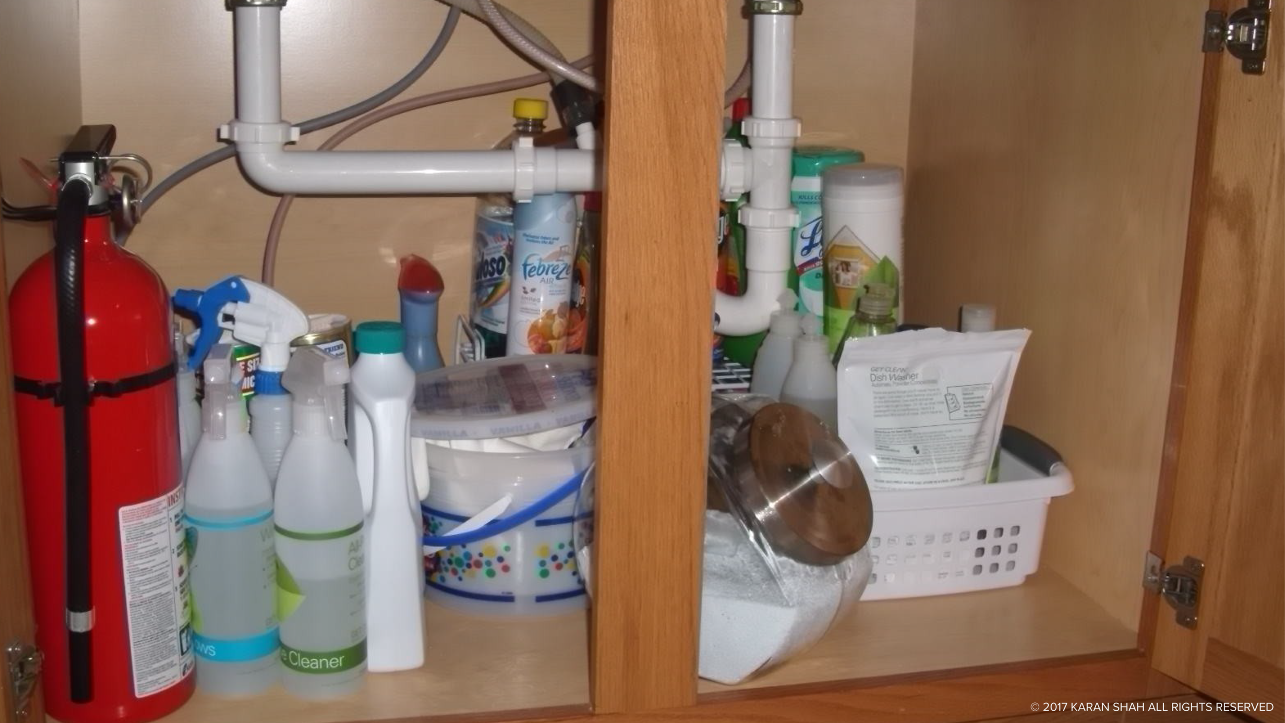 Ideal place where extinguishers end up, under the kitchen sink. Most users interviewed did not know where the extinguisher was or if was valid and operational.