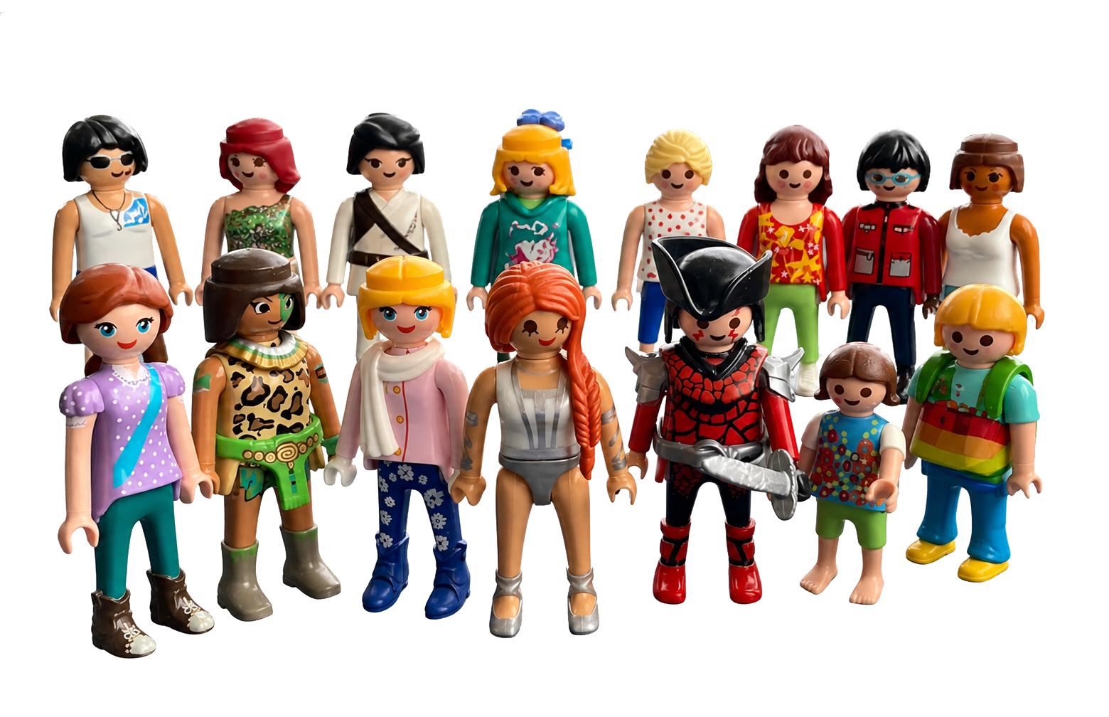 Eine Gruppe von 16 bunten Playmobil-Figuren in verschiedenen Outfits und Frisuren, einige mit Tattoos und Accessoires, vor einem weißen Hintergrund.