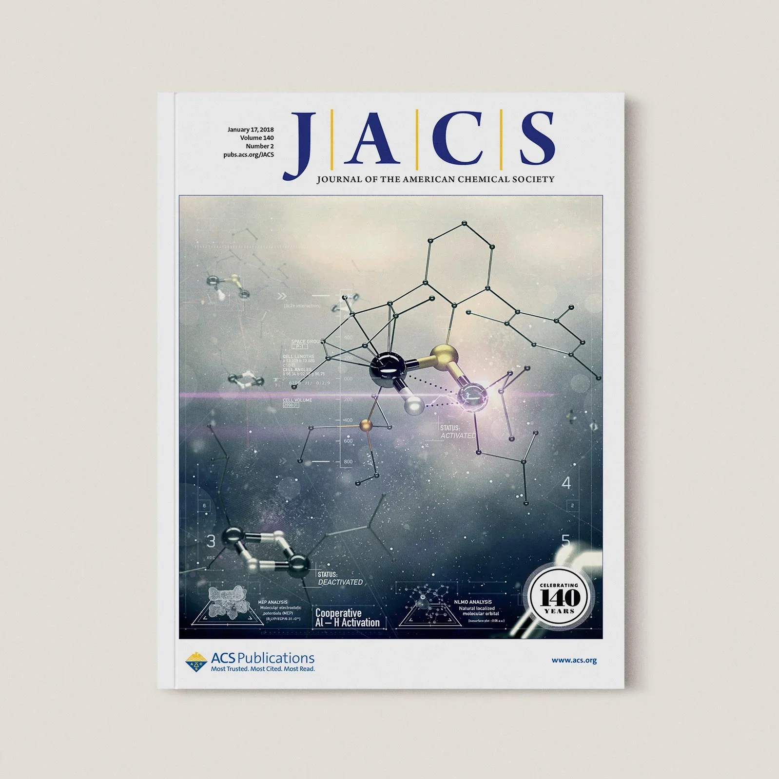 Cover of the January 17, 2018 issue of the Journal of the American Chemical Society, featuring a scientific illustration of molecular structures with a futuristic digital design, and a logo celebrating 140 years of publication, published by ACS.
