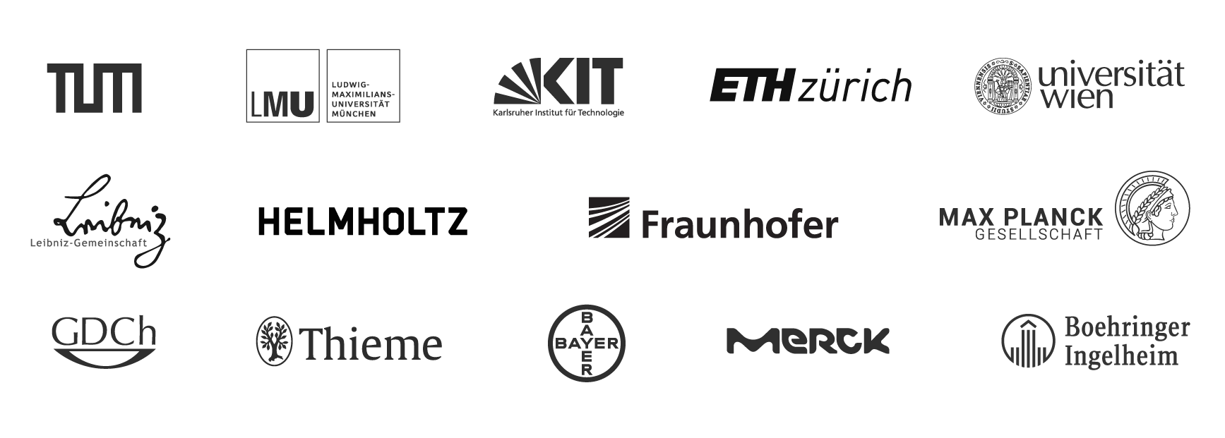 A collection of logos from various German and international research institutions and companies, including TUM, LMU Munich, KIT, ETH Zurich, University of Vienna, Leibniz Gemeinschaft, Helmholtz, Fraunhofer, Max Planck Society, GDC, Thieme, Bayer, Merck, and Boehringer Ingelheim.