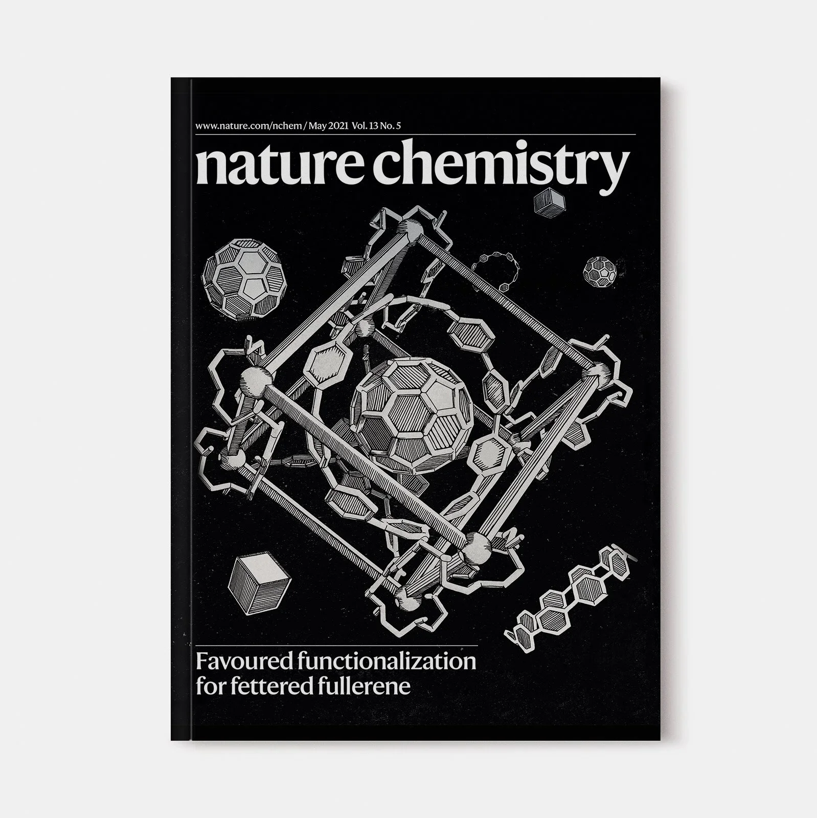 Cover of a scientific journal titled 'nature chemistry' with a black background, white text, and illustrations of molecular structures, including polyhedra, chains, and connecting lines, with a subtitle 'Favoured functionalization for fettered fuller