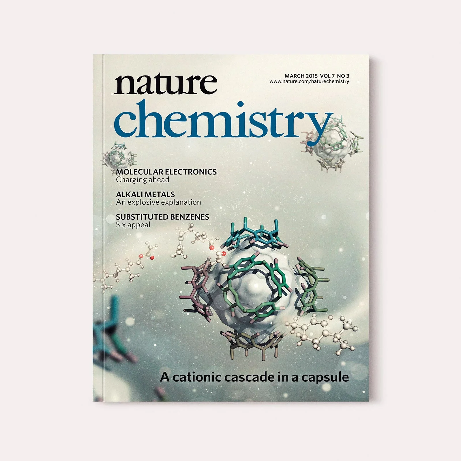 Cover of a scientific journal titled 'Nature Chemistry', March 2015, with molecular models and chemical structures on the cover, and the caption 'A cationic cascade in a capsule'.