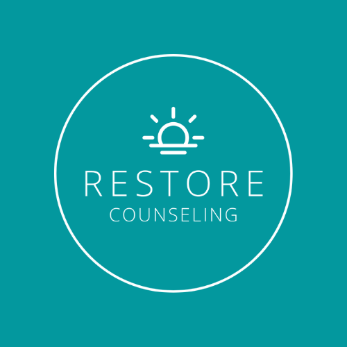 Logo for Restore Counseling with a sun rising over water and text inside a circle.