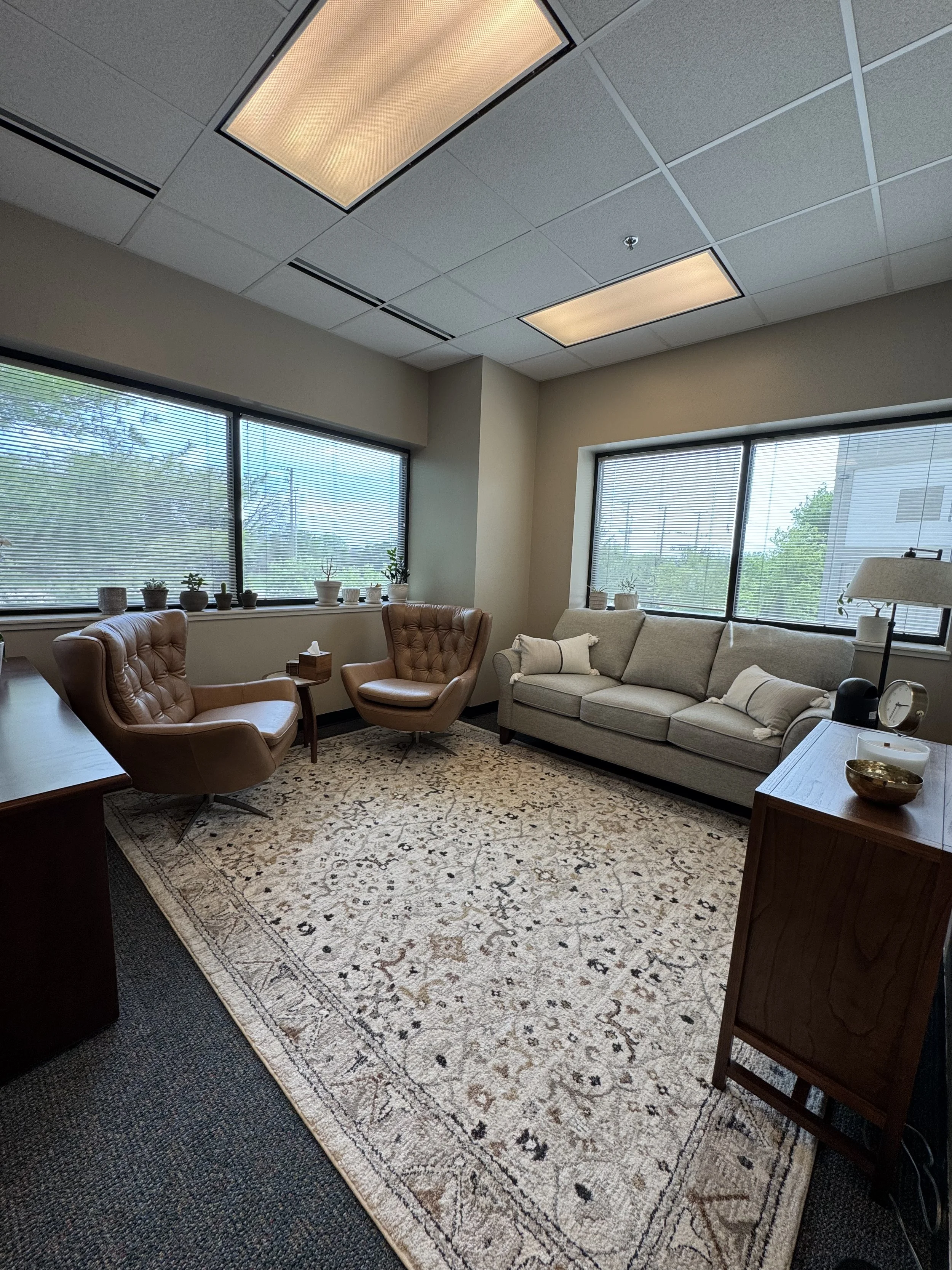 A cozy office lounge with large windows, beige walls, a patterned area rug, a gray sofa with cushions, two tan leather armchairs, a wooden side table, a lamp, and various potted plants on the windowsill.