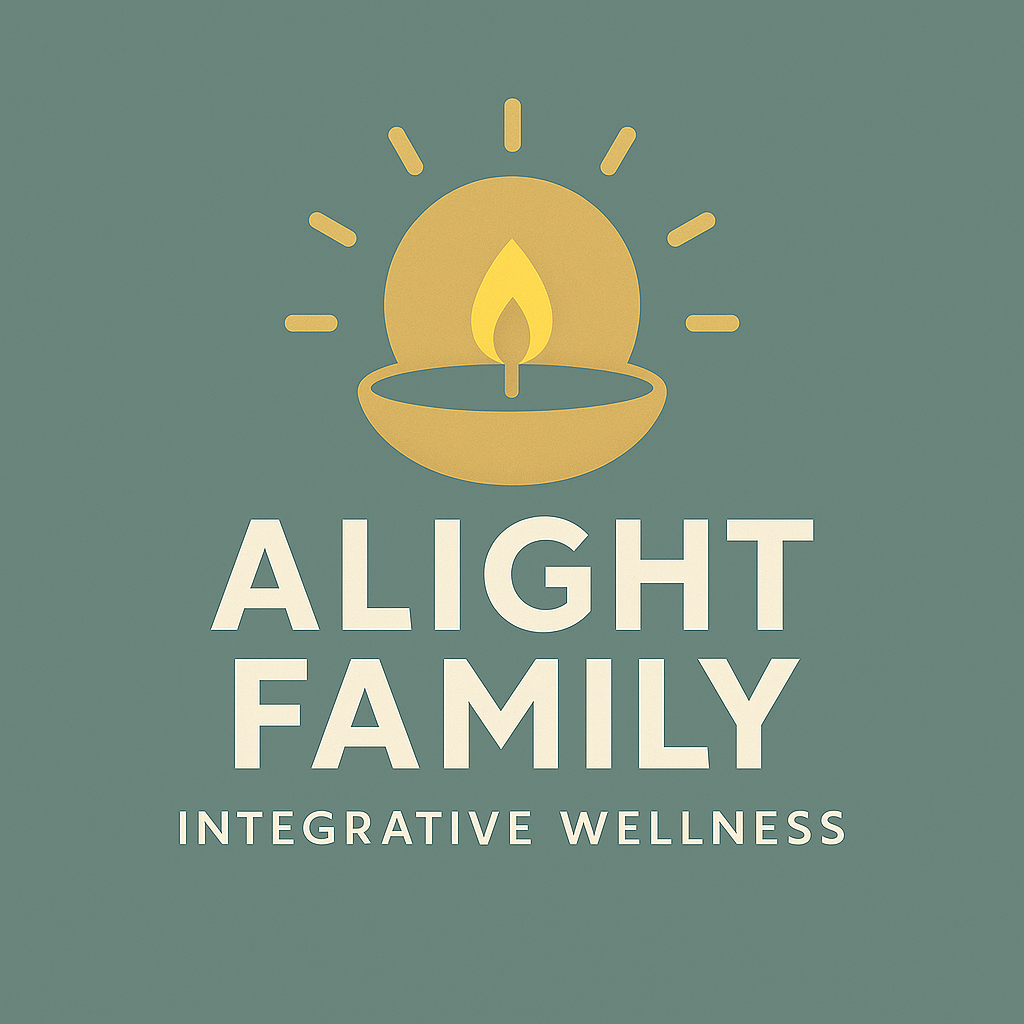 Logo with a candle in a holder emitting light, with the text 'Alight Family' and 'Integrative Wellness' beneath it.