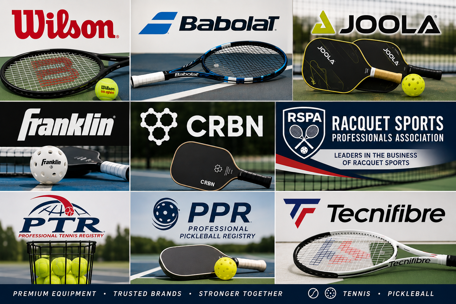 Collection of racquet sports equipment and logos, including tennis, pickleball, and racquetball gear from brands Wilson, Babolat, Joola, Franklin, CRBN, Racquet Sports Professionals Association, PTR, PPR, and Tecnifibre.