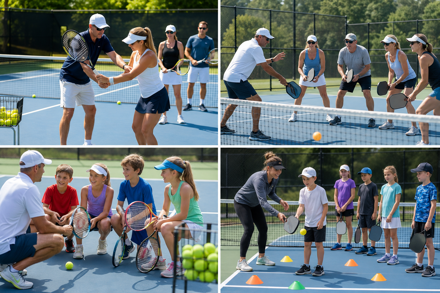 Group of children and adults participating in tennis lessons and drills on outdoor tennis courts under sunny weather, with coaches giving instructions and children practicing tennis skills.