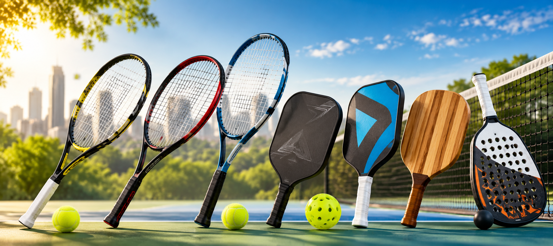 Tennis rackets, balls, and paddles arranged on a tennis court with a city skyline in the background under a sunny sky.