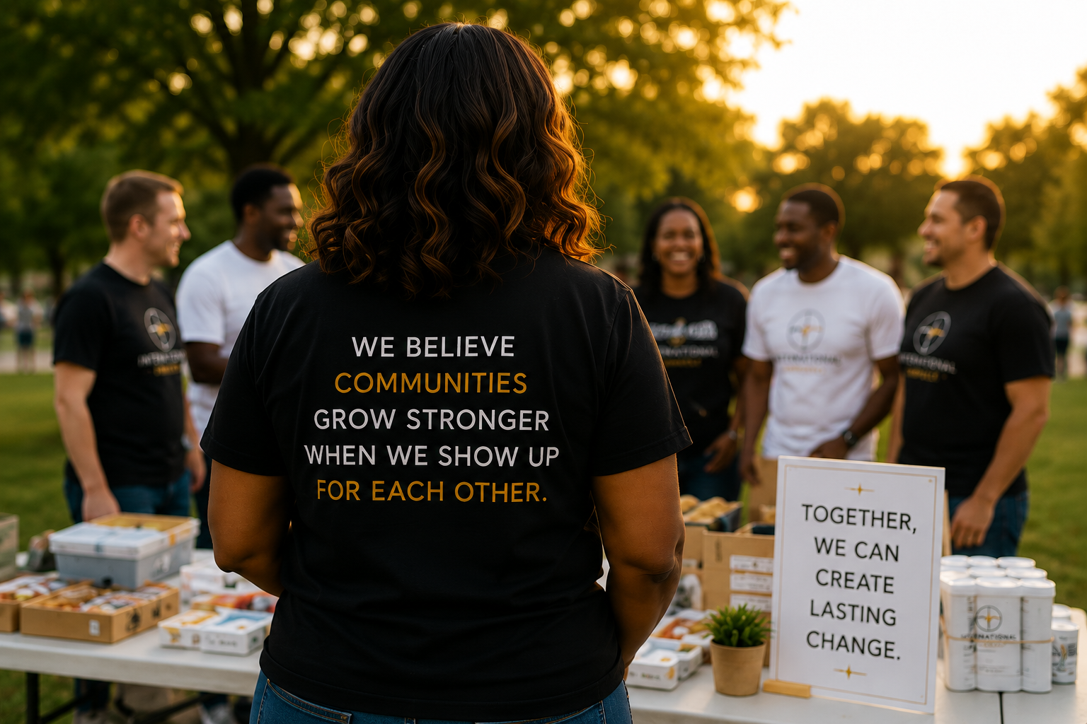 A woman with curly hair stands in front of a group of diverse smiling people at an outdoor community event during sunset, with a table of food and supplies, and signs promoting community strength and lasting change.