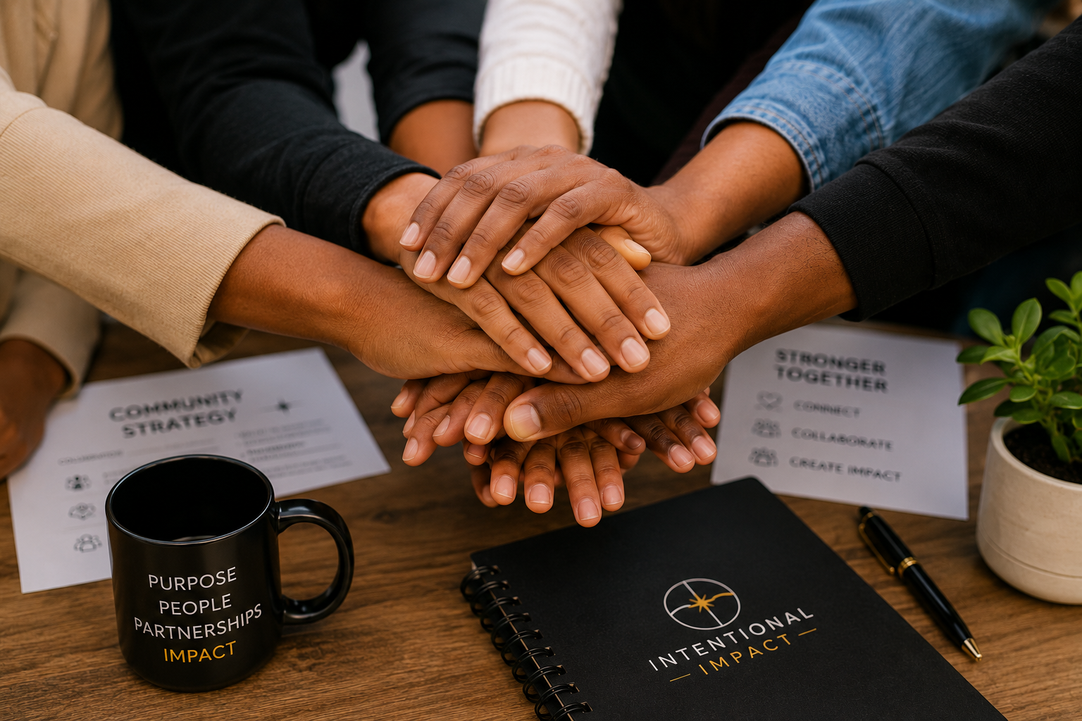 Group of diverse people stacking hands together in a gesture of unity, with a coffee mug, notebooks, and plant on a wooden table.