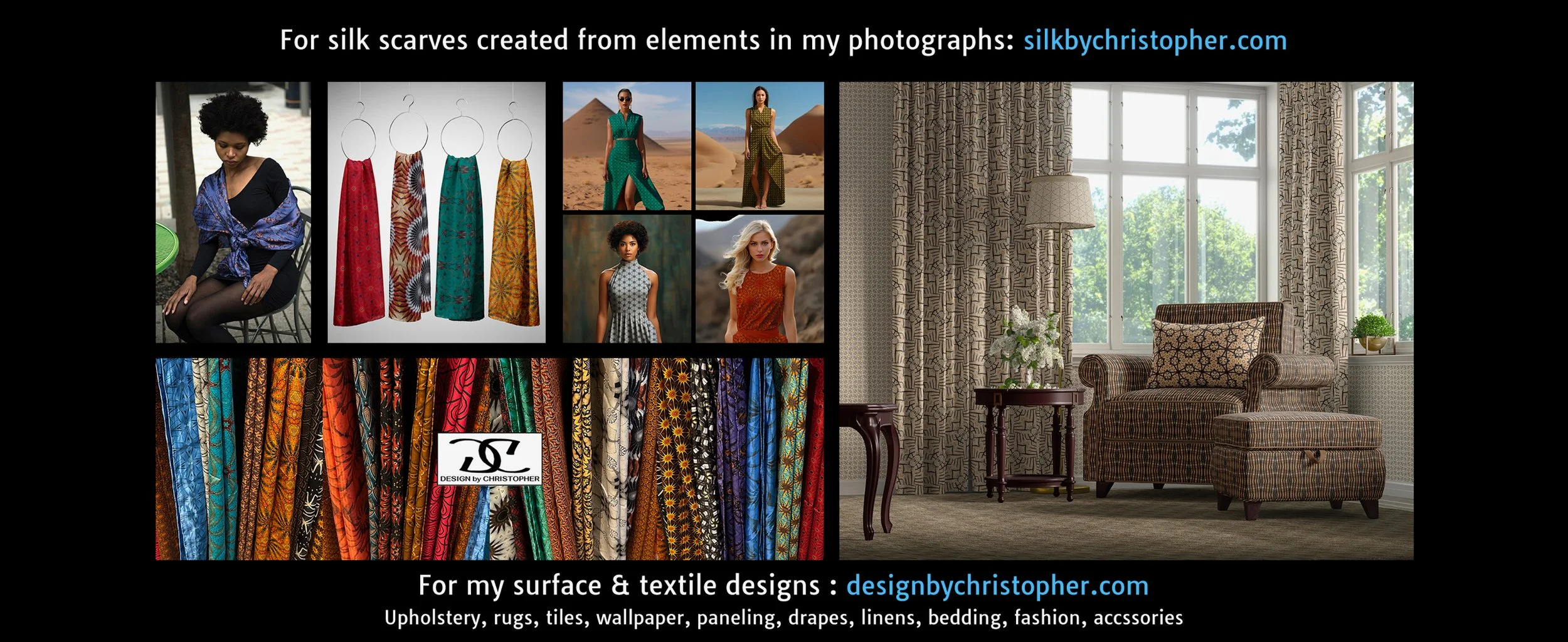 Collage showcasing silk fabric patterns, women in dresses, and silk scarves, with interior decor including curtains, armchair, and side table, promoting textile and home decor design services.