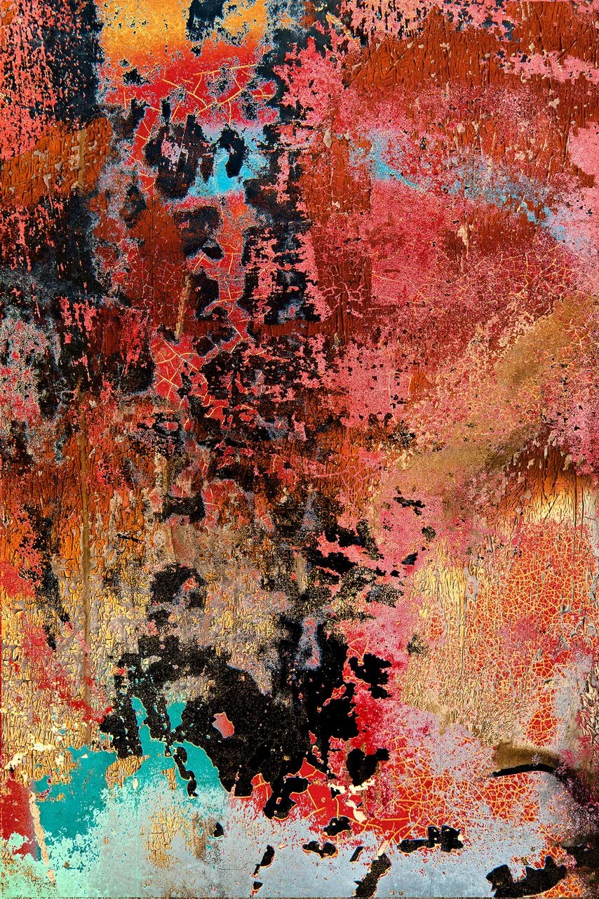 Abstract textured artwork with red, pink, black, gold, and turquoise paint splatters and crackles.
