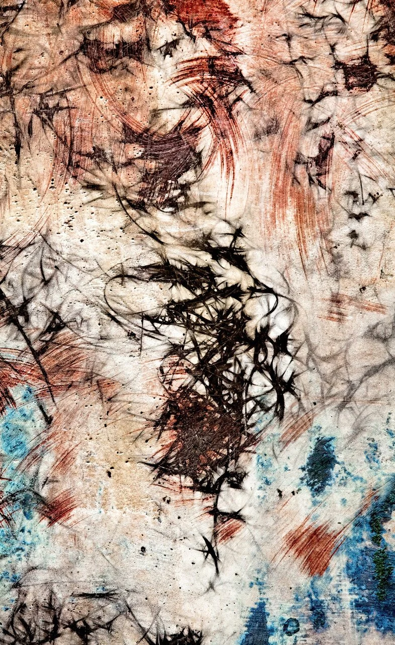 Abstract artwork with black, red, and blue splashes and brushstrokes on a textured background.